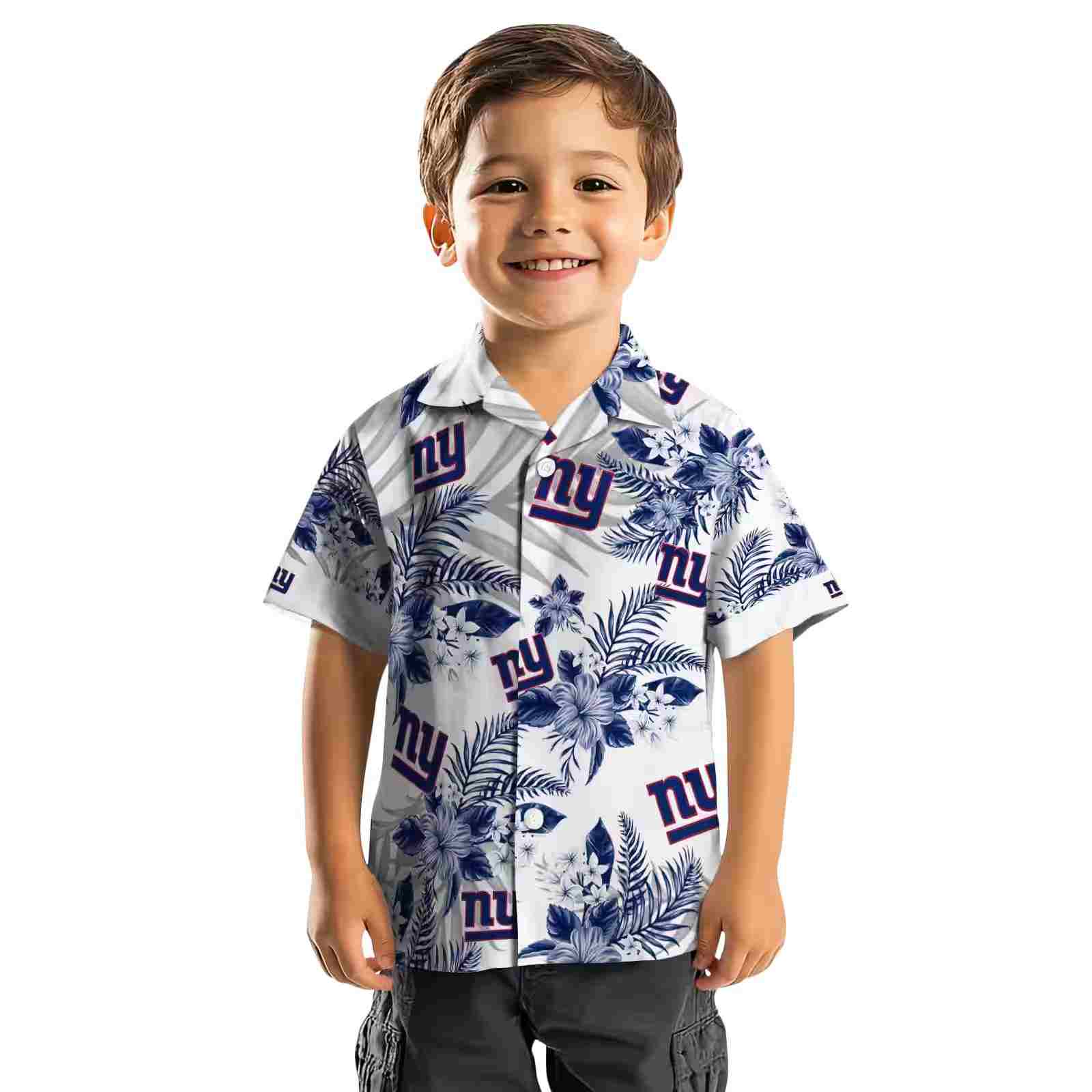 new york giants hibiscus palm leaves blue white hawaiian shirt top rated