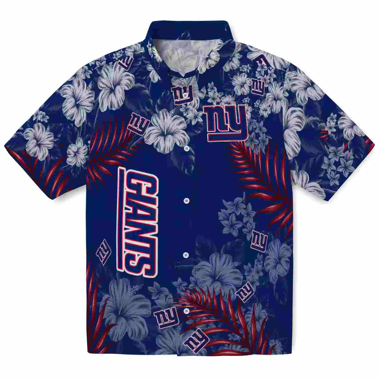 New York Giants Hibiscus Print Blue Hawaiian Shirt