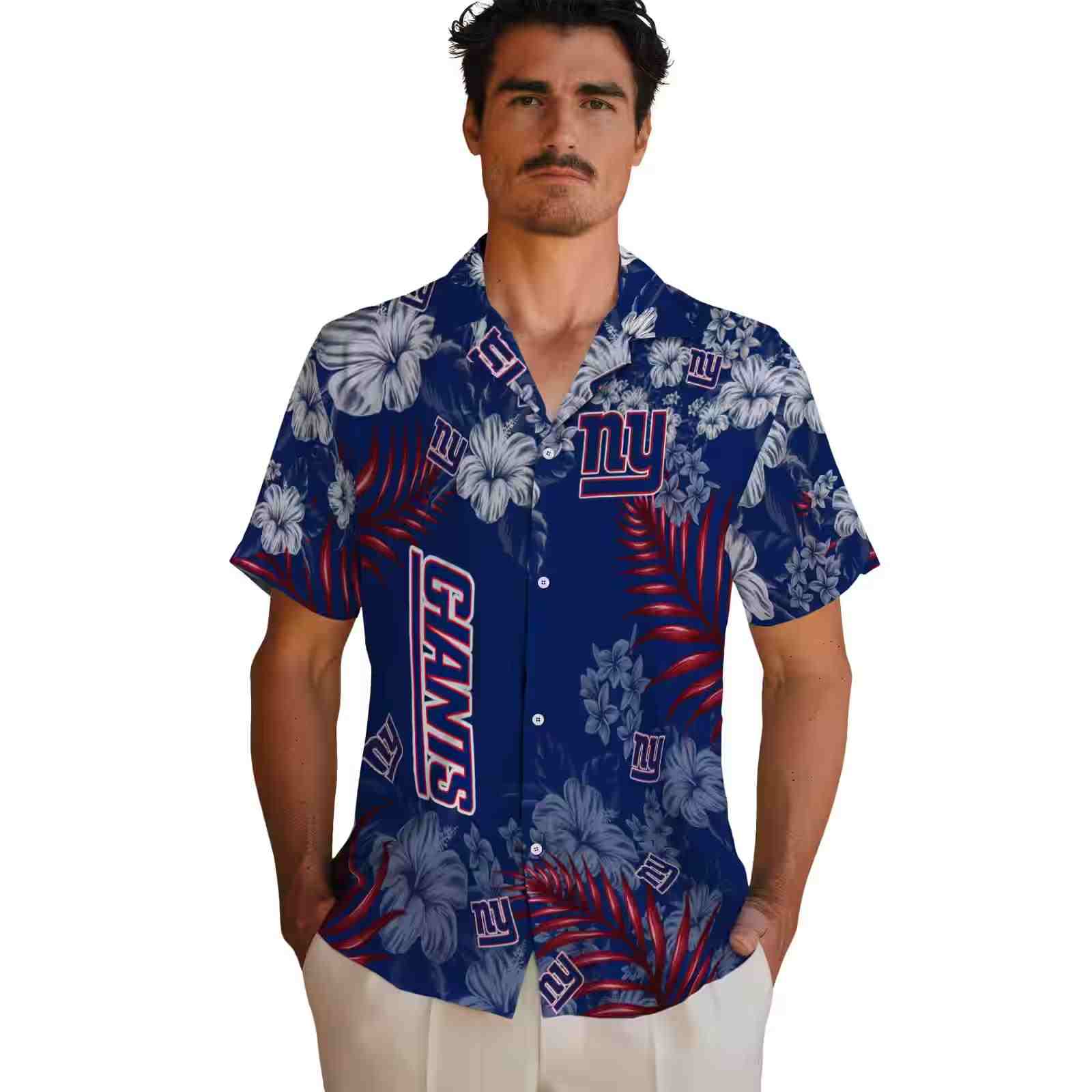 new york giants hibiscus print blue hawaiian shirt fashion forward