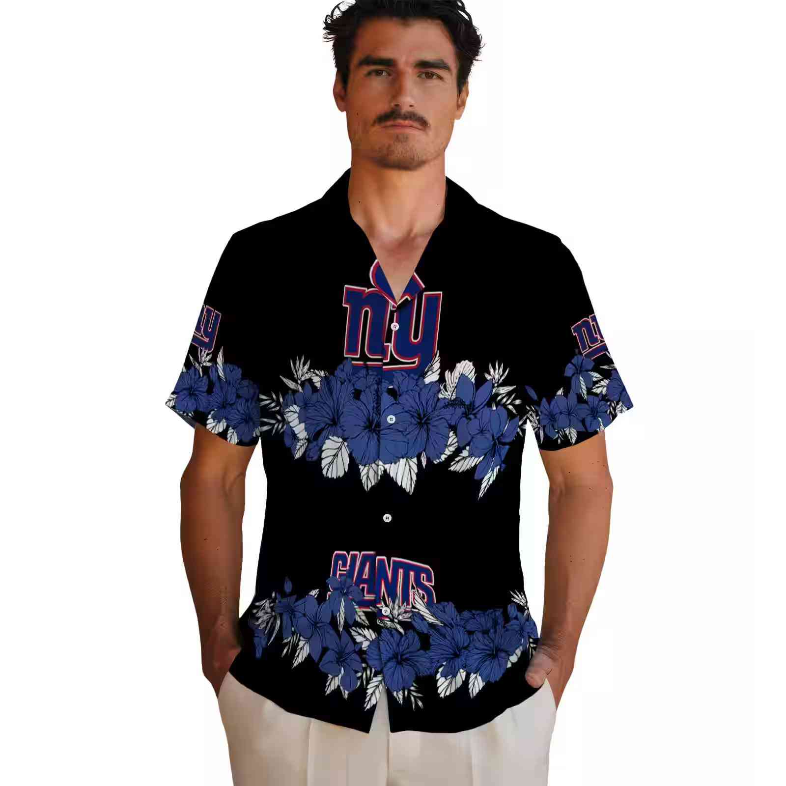 new york giants hibiscus stripe blue black hawaiian shirt fashion forward