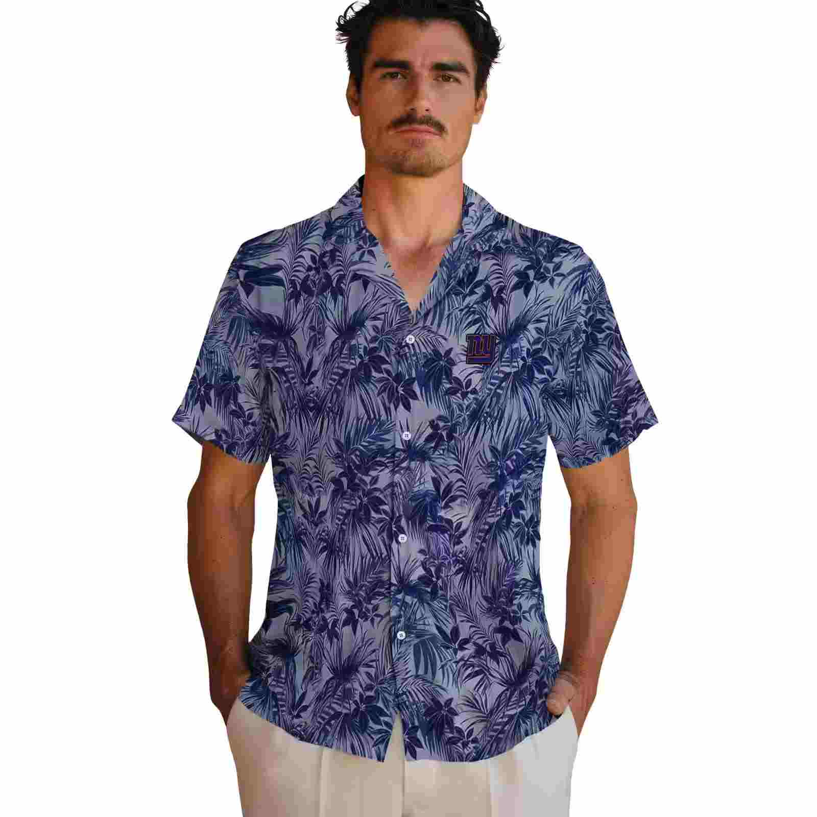 new york giants leafy pattern blue hawaiian shirt fashion forward