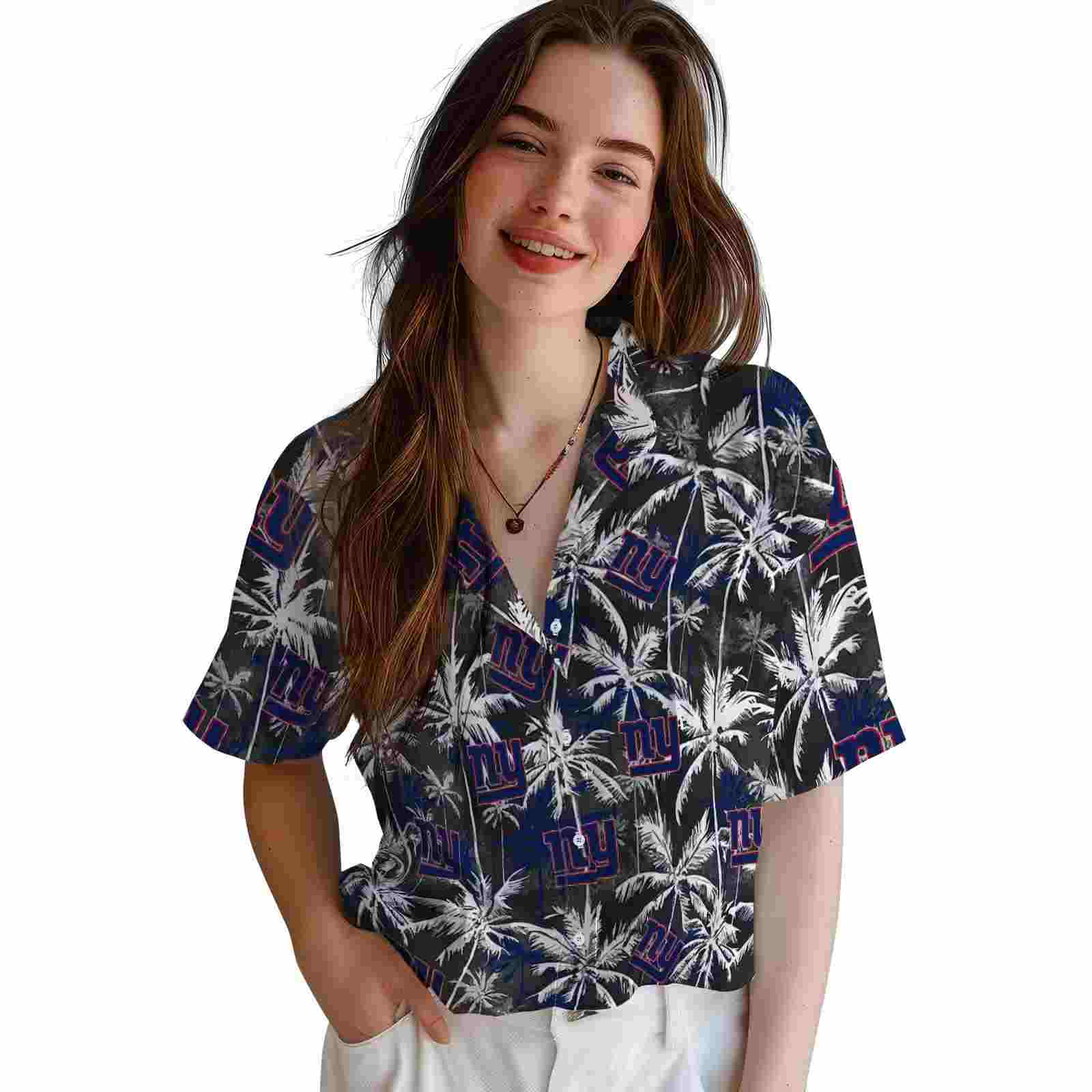 new york giants palm pattern blue black hawaiian shirt latest model