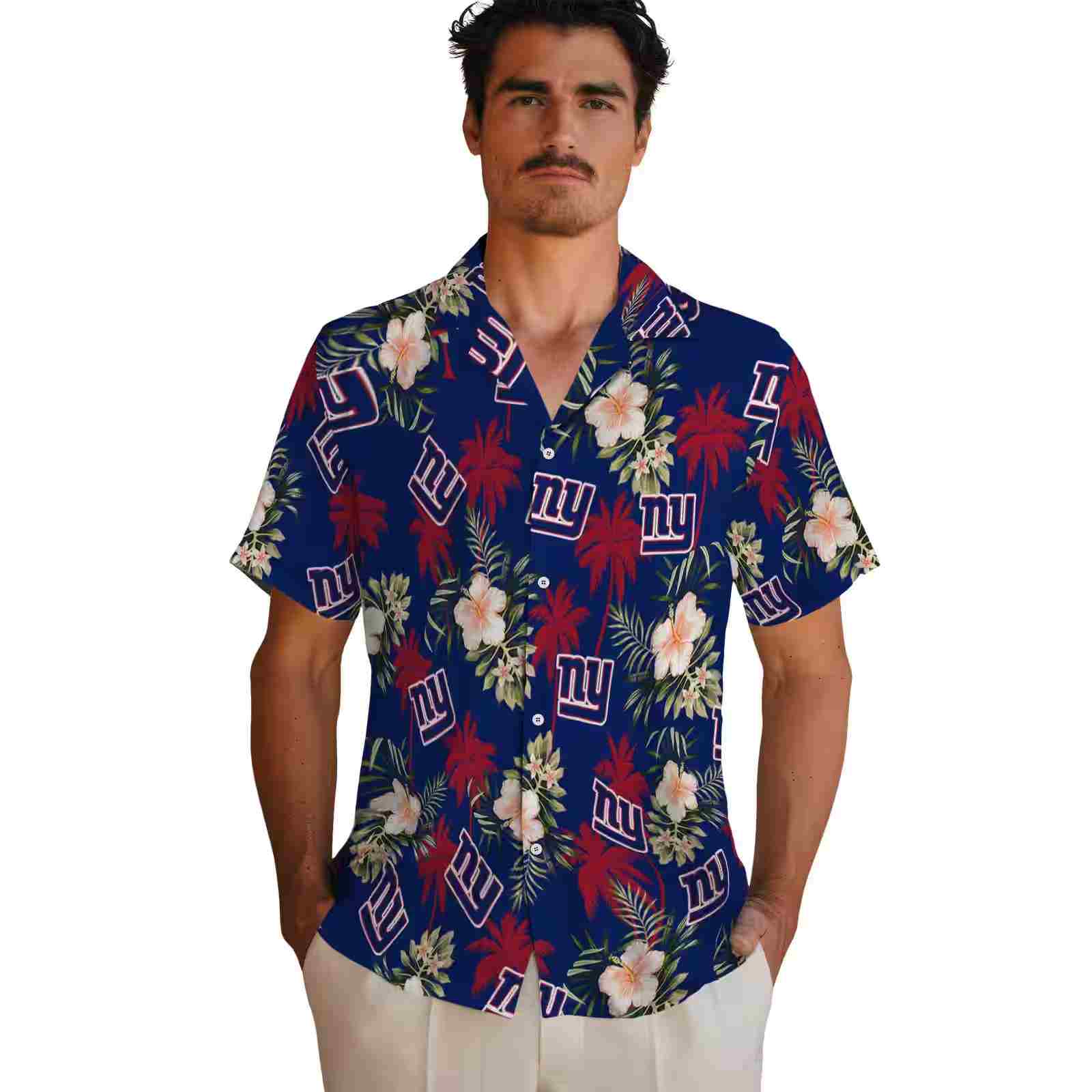 new york giants palm tree flower blue hawaiian shirt fashion forward