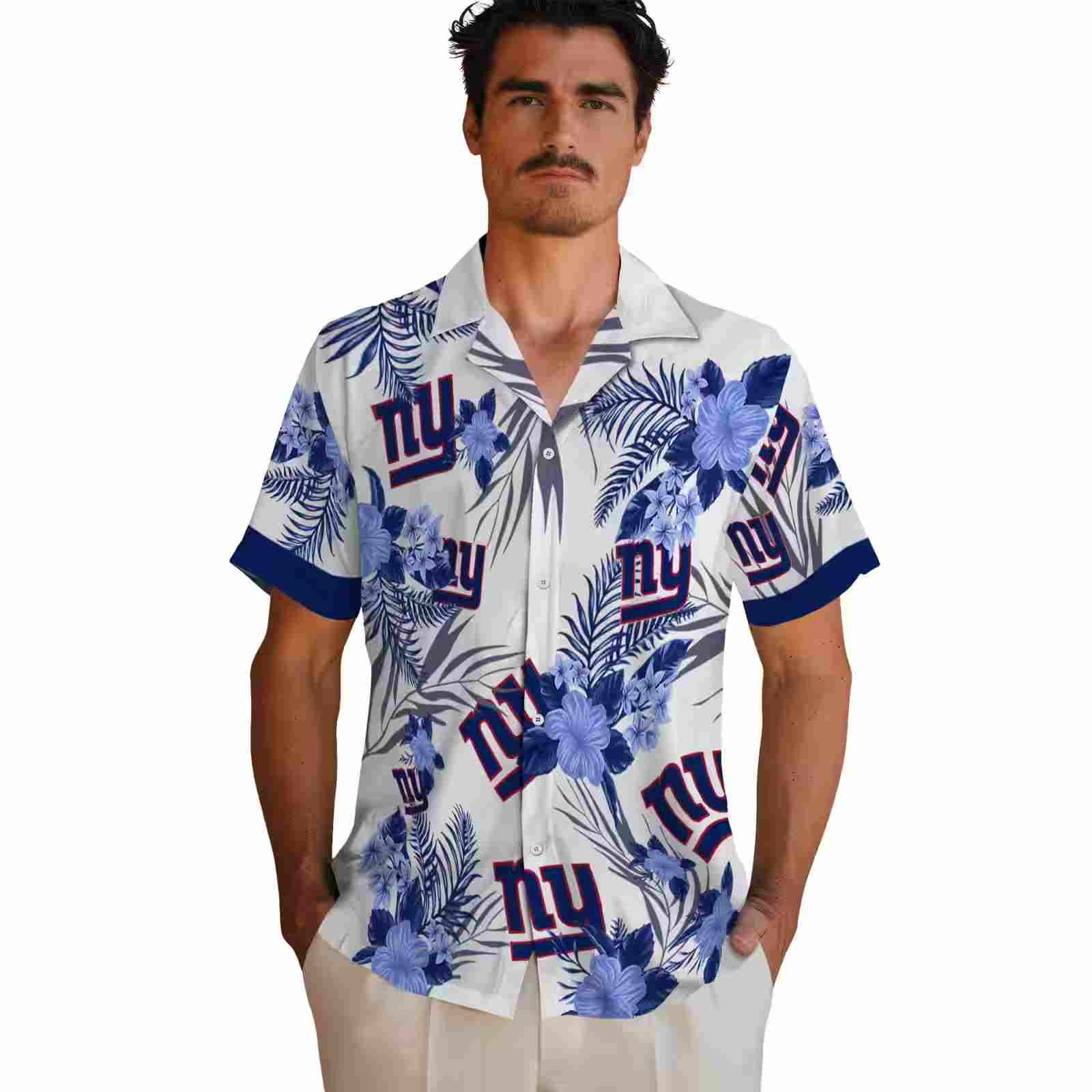 new york giants patriotic hibiscus design blue white hawaiian shirt fashion forward