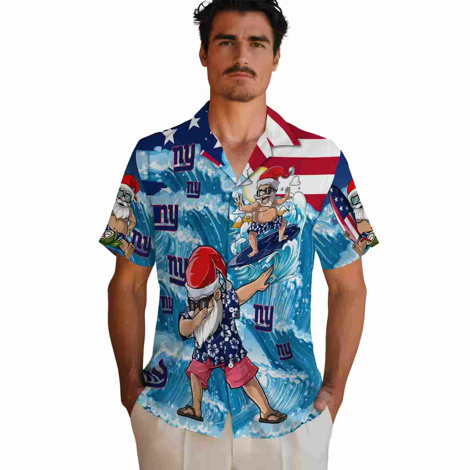 new york giants surfing santa blue hawaiian shirt fashion forward