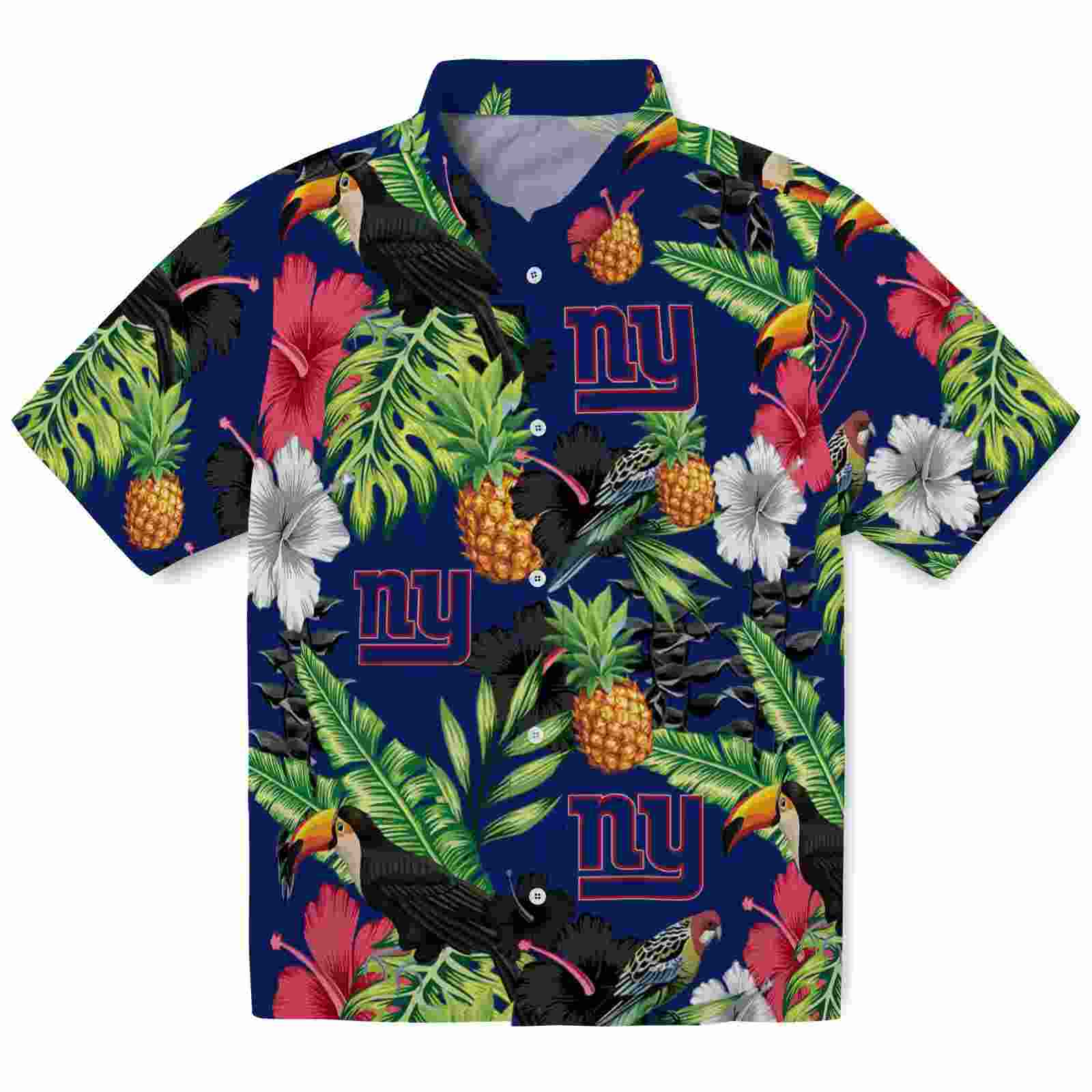 New York Giants Toucan Hibiscus Pineapple Blue Green Hawaiian Shirt