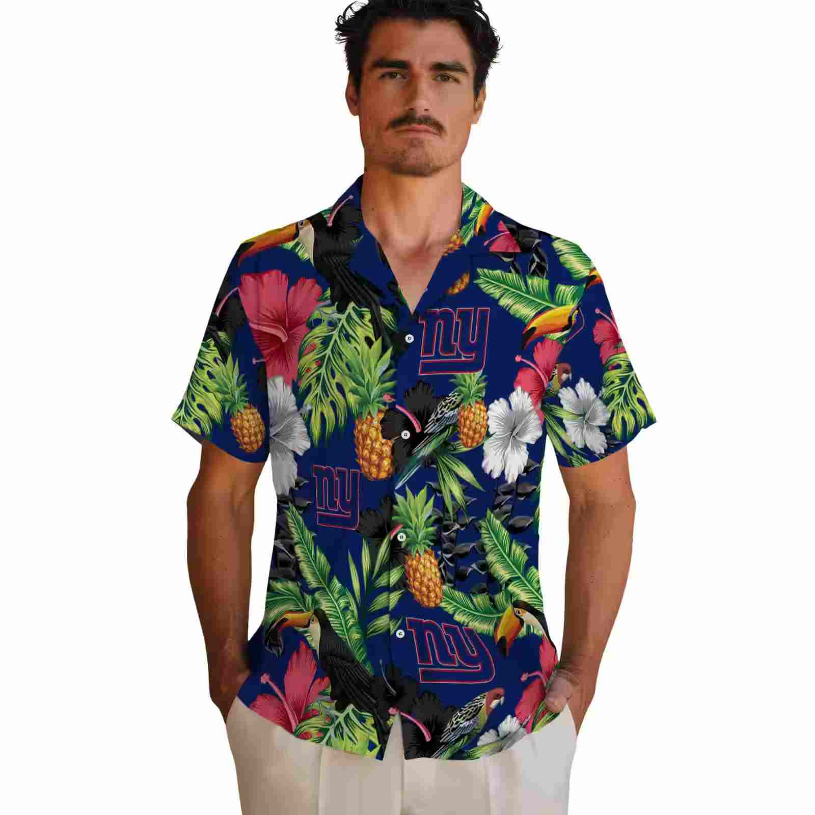 new york giants toucan hibiscus pineapple blue green hawaiian shirt fashion forward