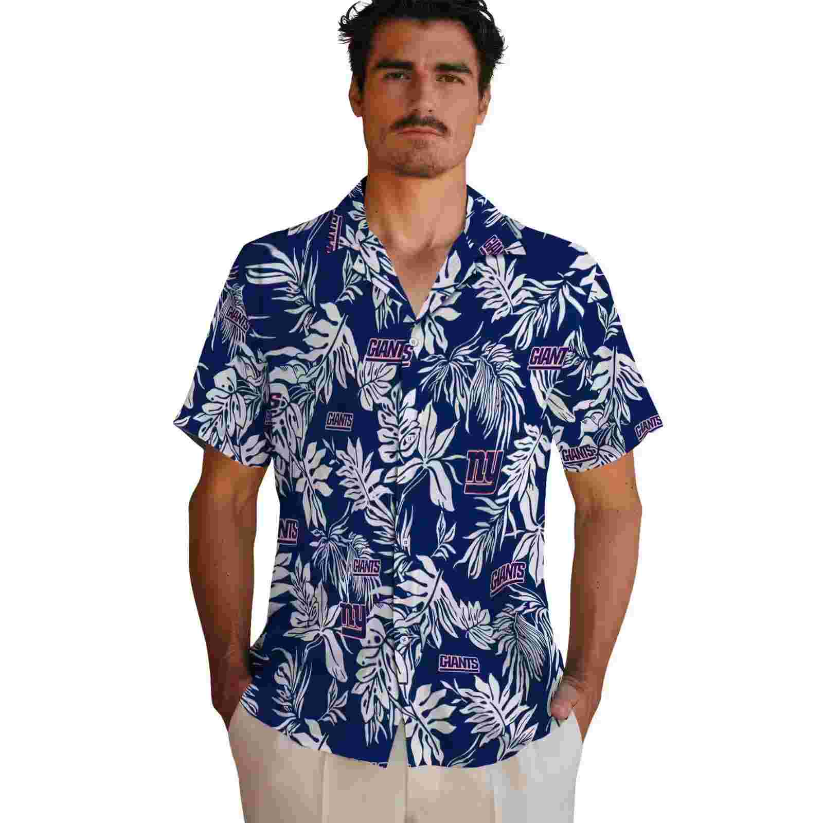 new york giants tropical leaf blue white hawaiian shirt fashion forward