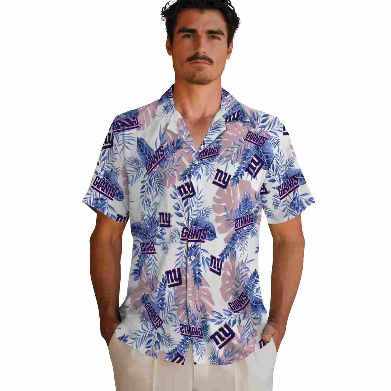 new york giants tropical leaves blue white hawaiian shirt fashion forward