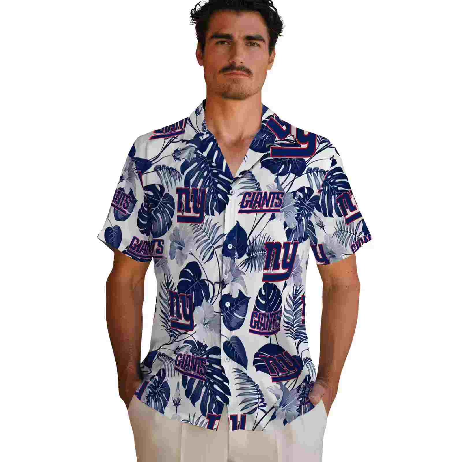 new york giants tropical plants blue white hawaiian shirt fashion forward