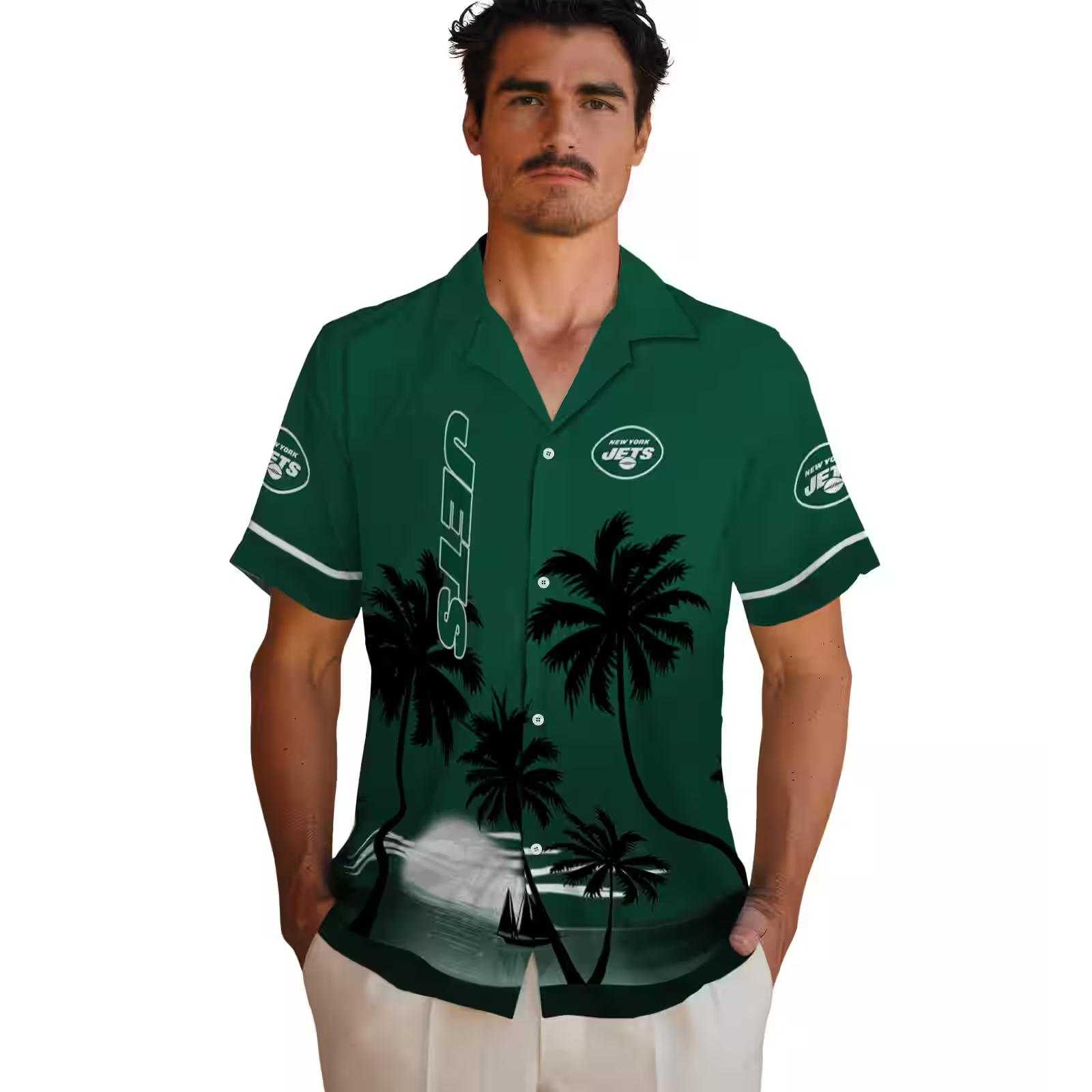 new york jets beach sunset green black hawaiian shirt fashion forward