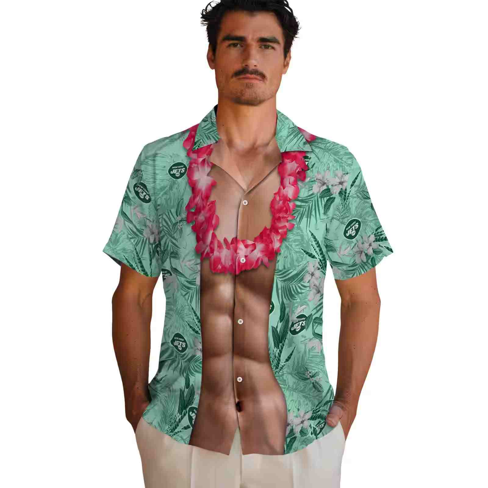 new york jets chest illusion green hawaiian shirt fashion forward