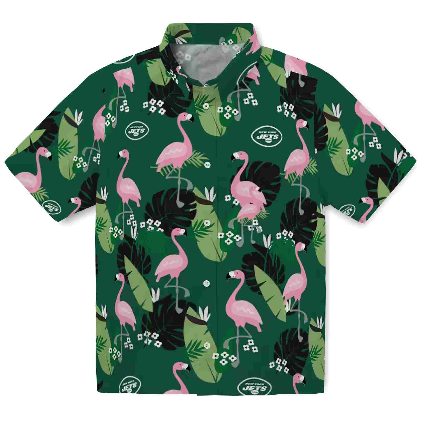 New York Jets Flamingo Leaf Motif Green Hawaiian Shirt