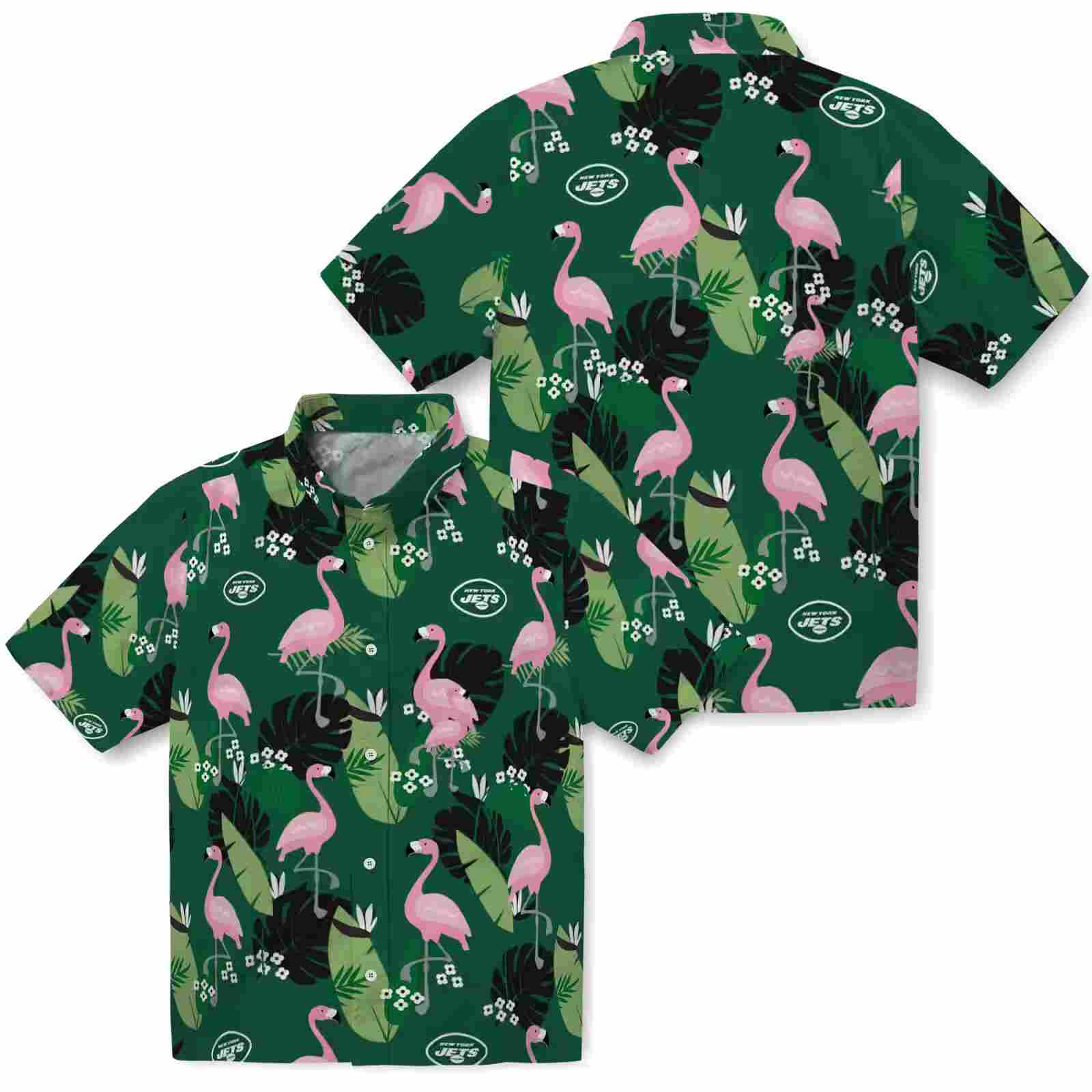 new york jets flamingo leaf motif green hawaiian shirt high quality