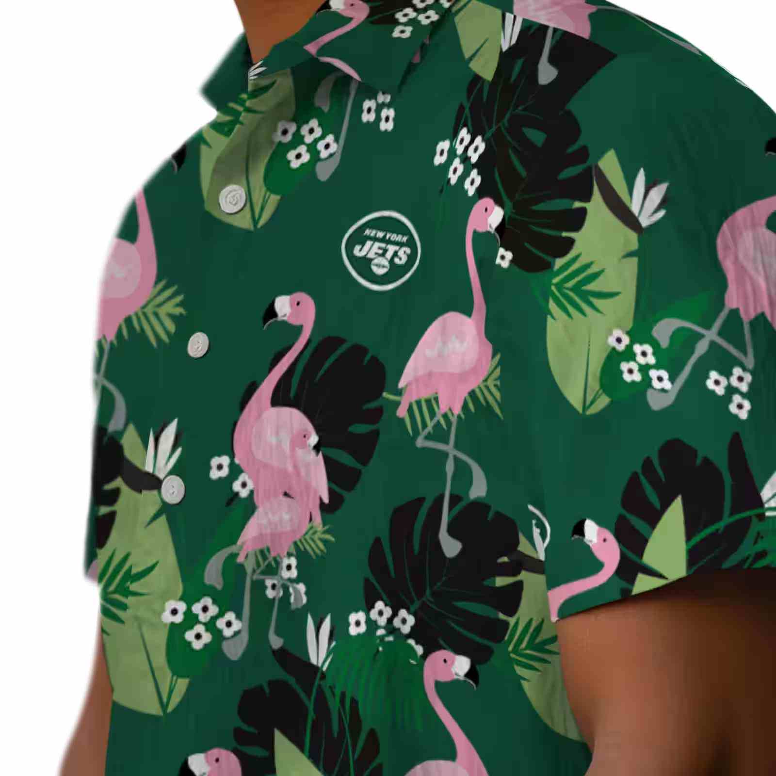 new york jets flamingo leaf motif green hawaiian shirt trendy