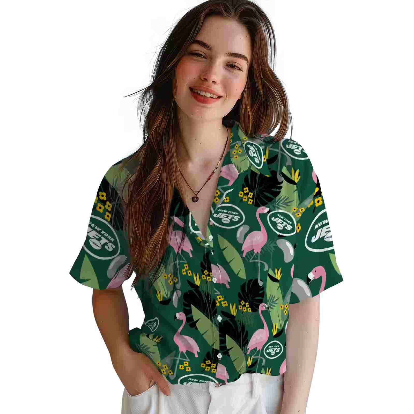 new york jets flamingo leaves green hawaiian shirt latest model