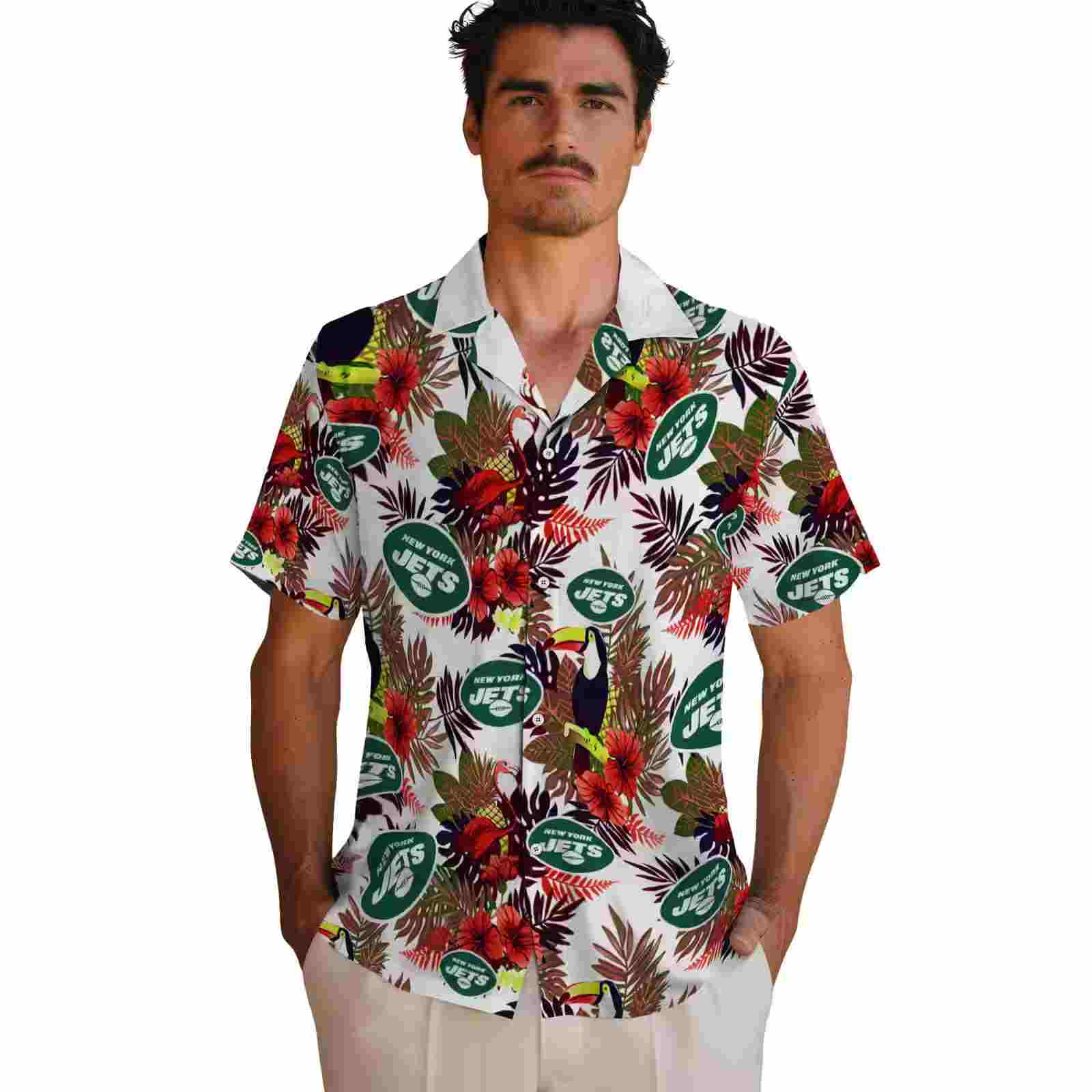 new york jets floral toucan green red hawaiian shirt fashion forward