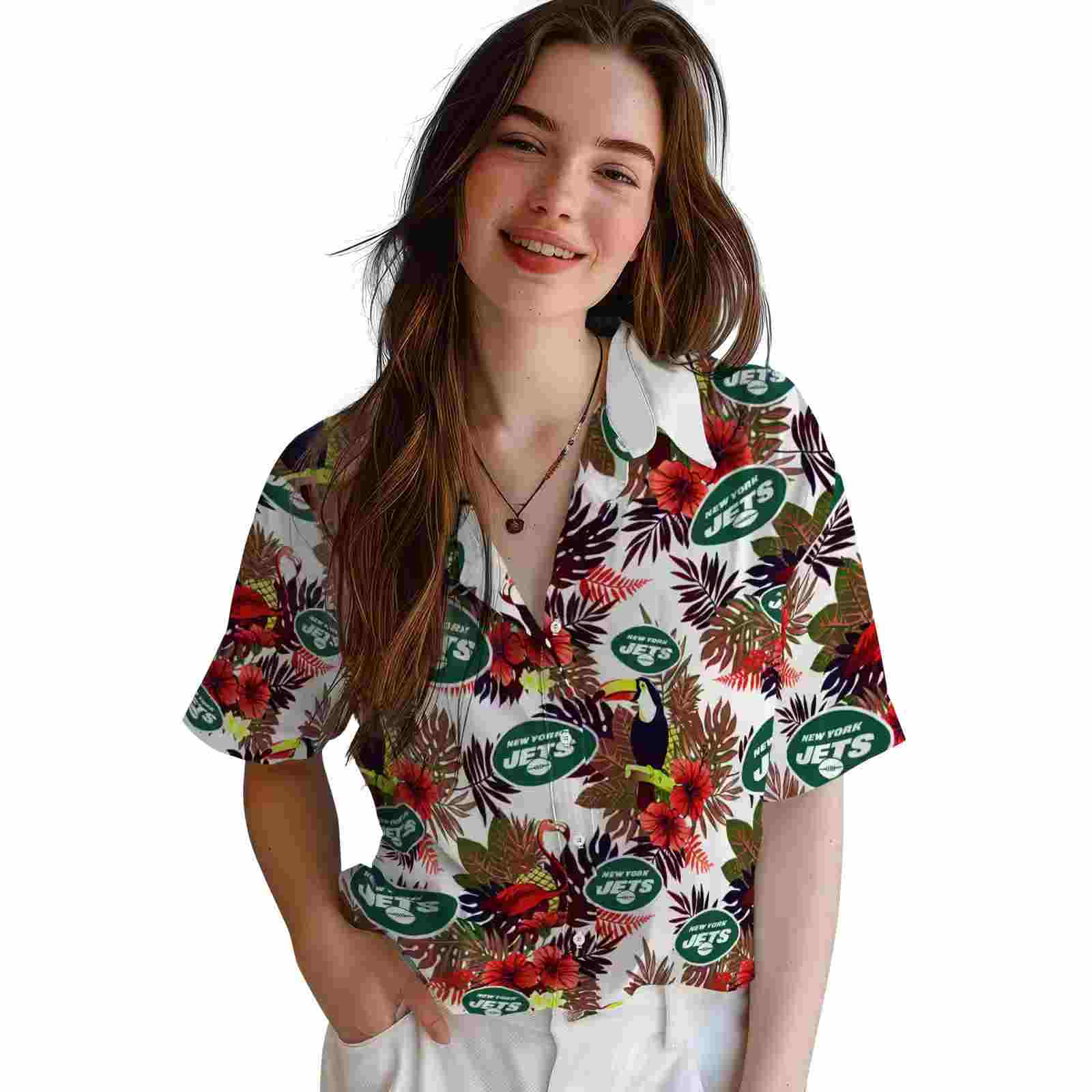 new york jets floral toucan green red hawaiian shirt latest model