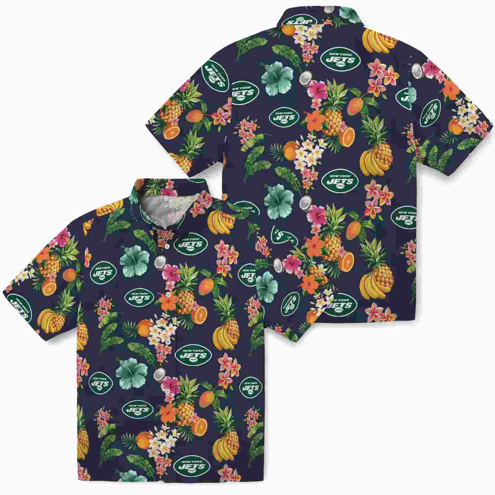 new york jets hibiscus and fruit navy blue hawaiian shirt high quality