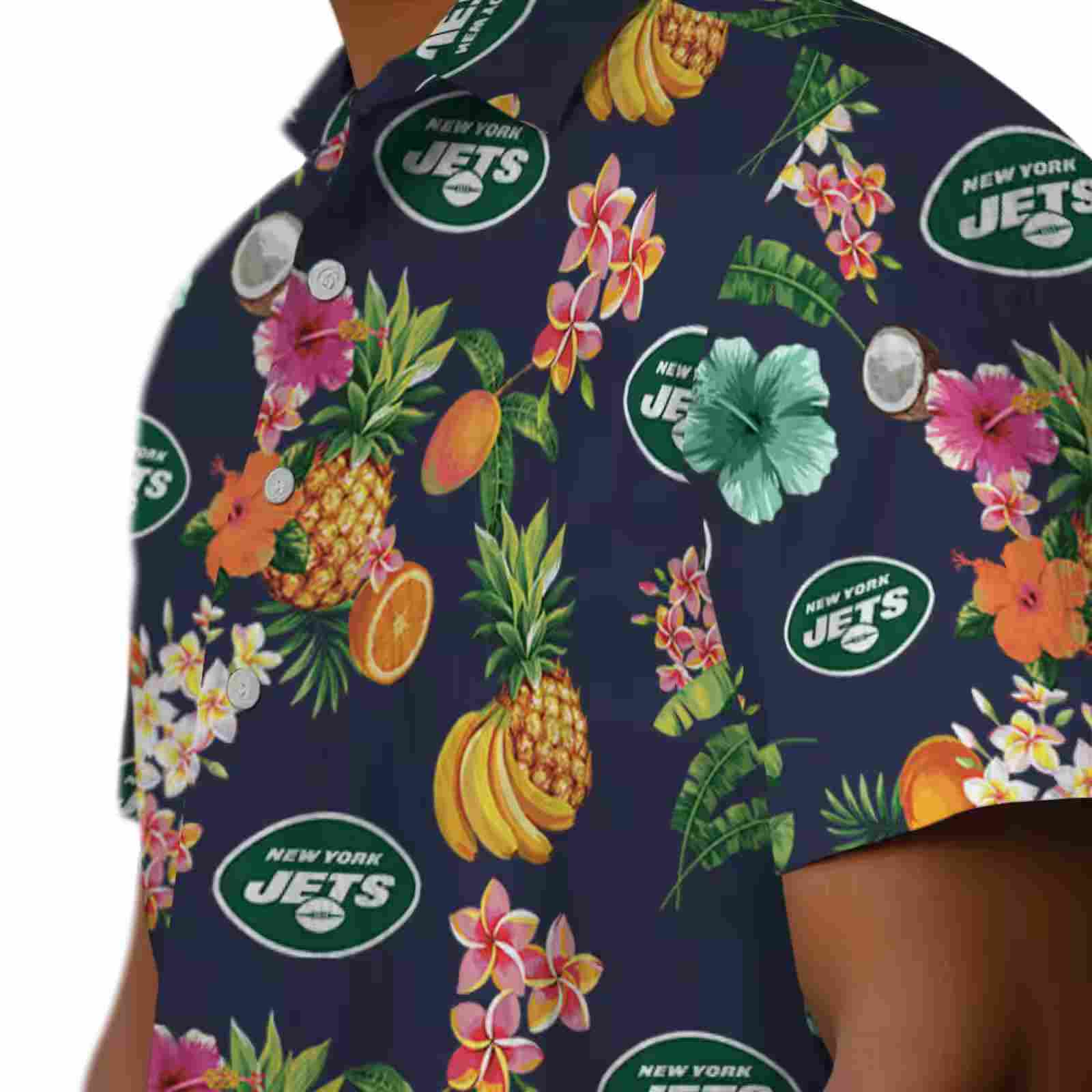 new york jets hibiscus and fruit navy blue hawaiian shirt trendy