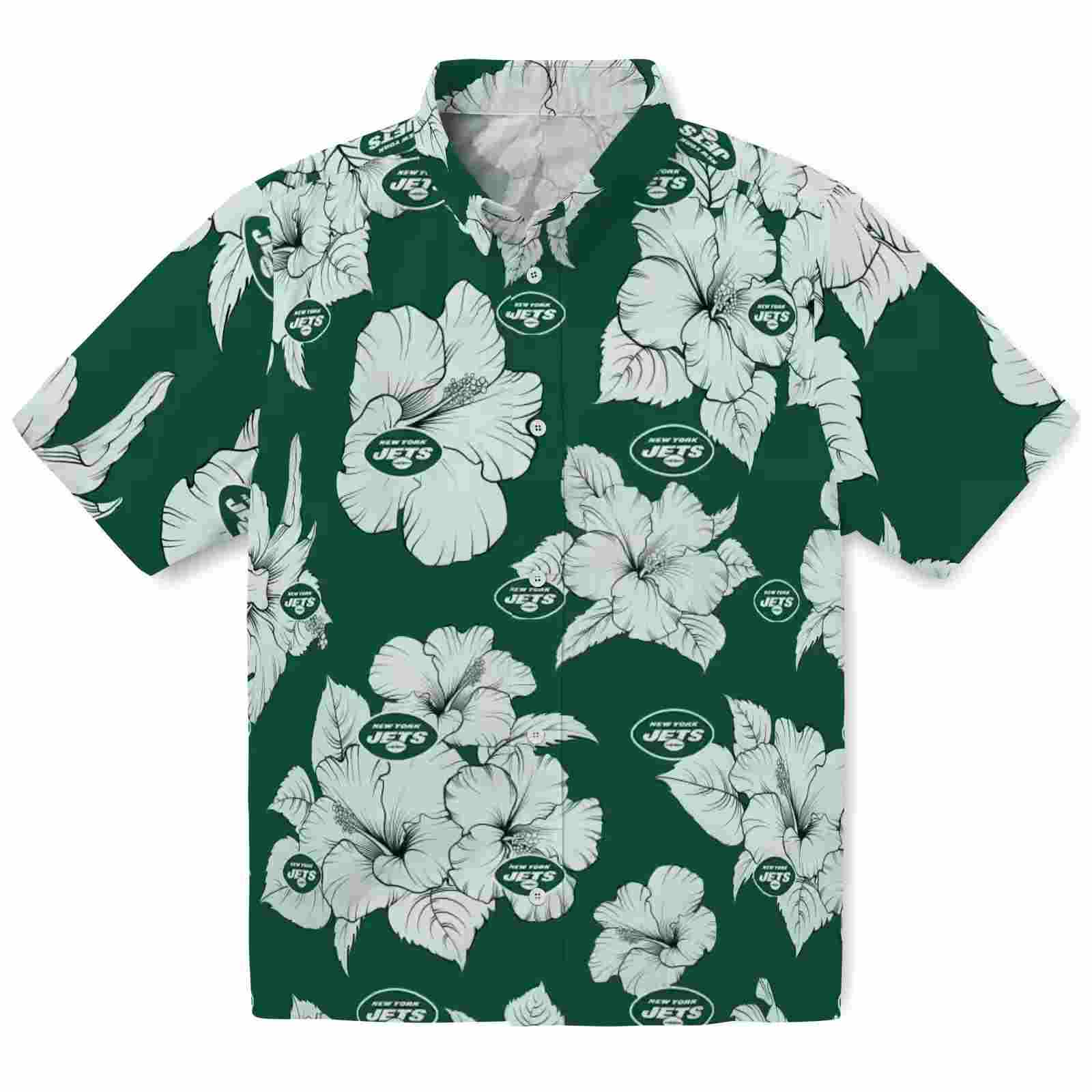 New York Jets Hibiscus Blooms Green White Hawaiian Shirt