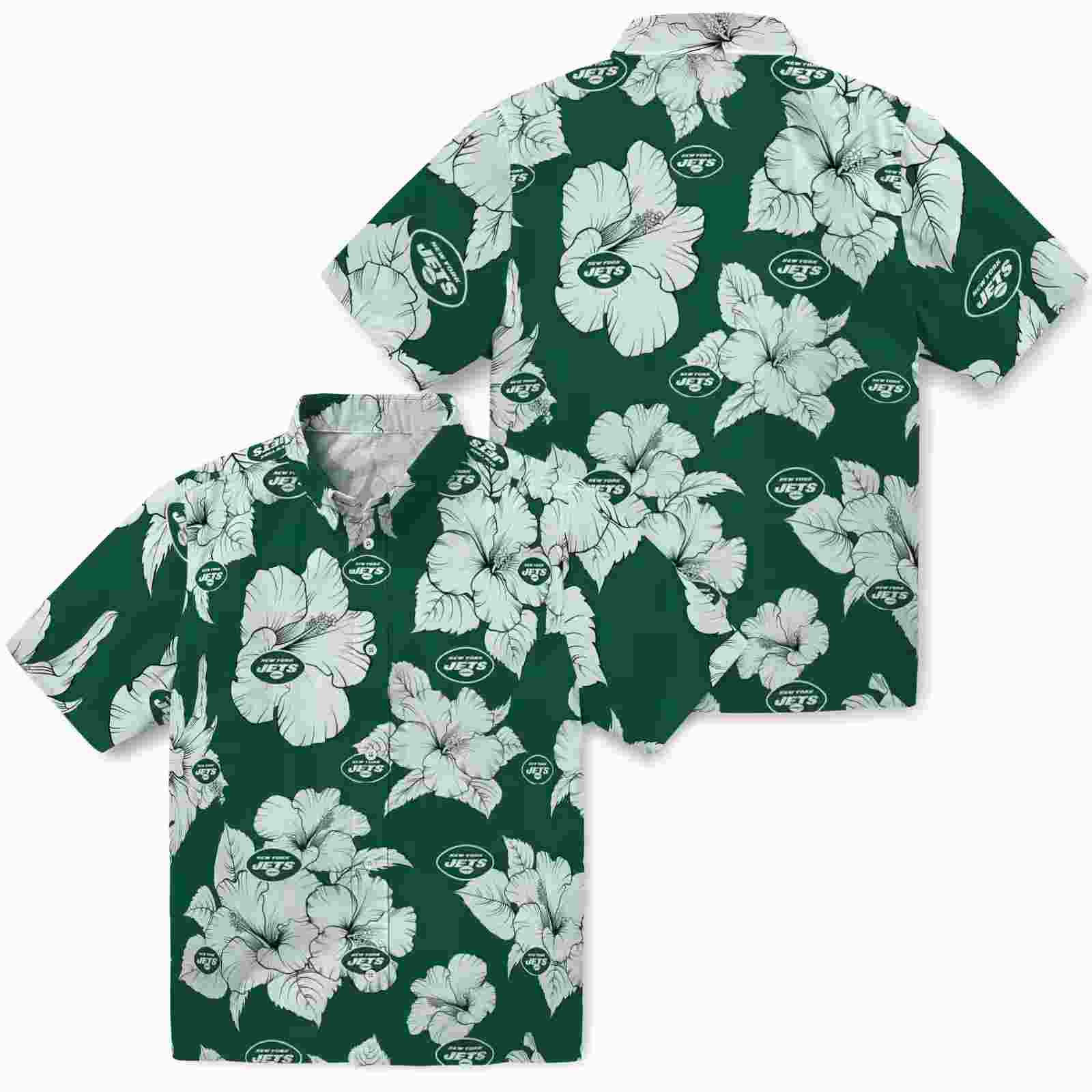 new york jets hibiscus blooms green white hawaiian shirt high quality