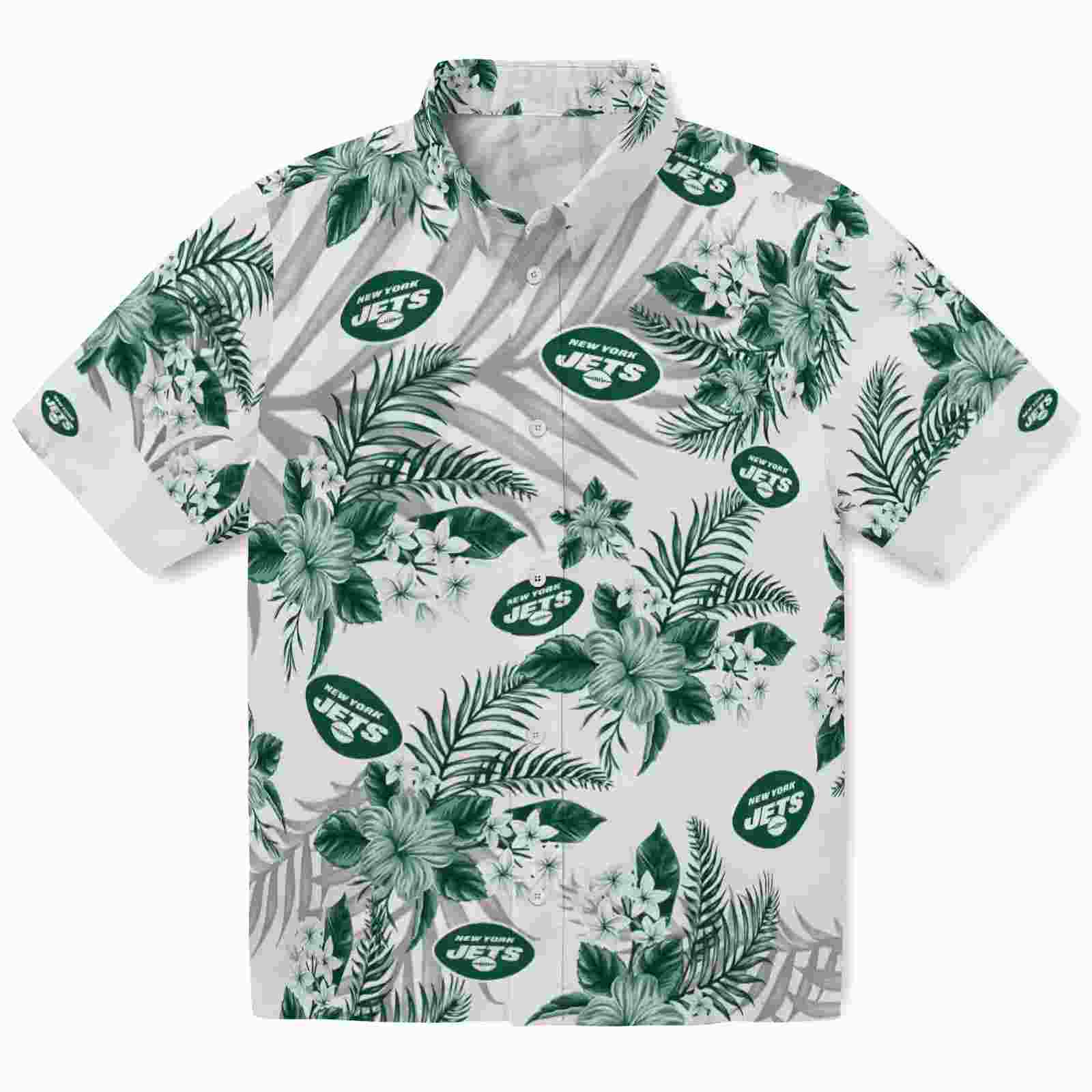 New York Jets Hibiscus Palm Leaves Green White Hawaiian Shirt