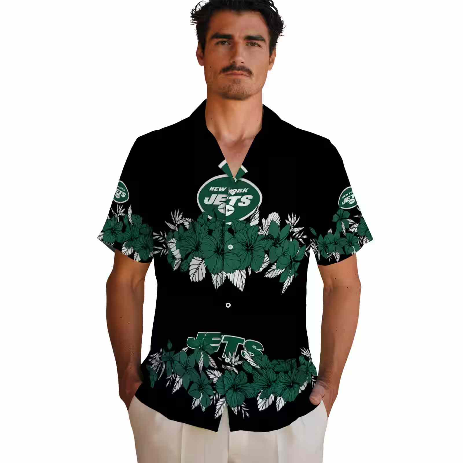 new york jets hibiscus stripe green black hawaiian shirt fashion forward