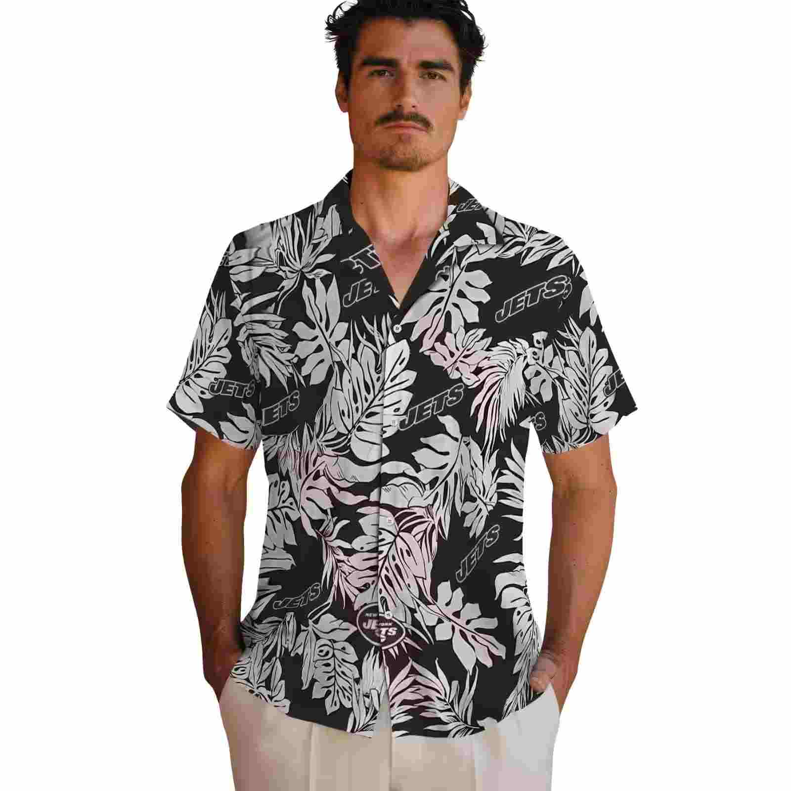 new york jets monstera leaf pattern black hawaiian shirt fashion forward