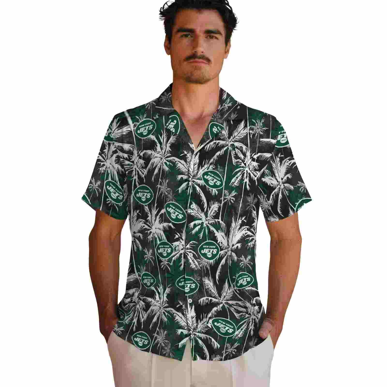 new york jets palm pattern green black hawaiian shirt fashion forward