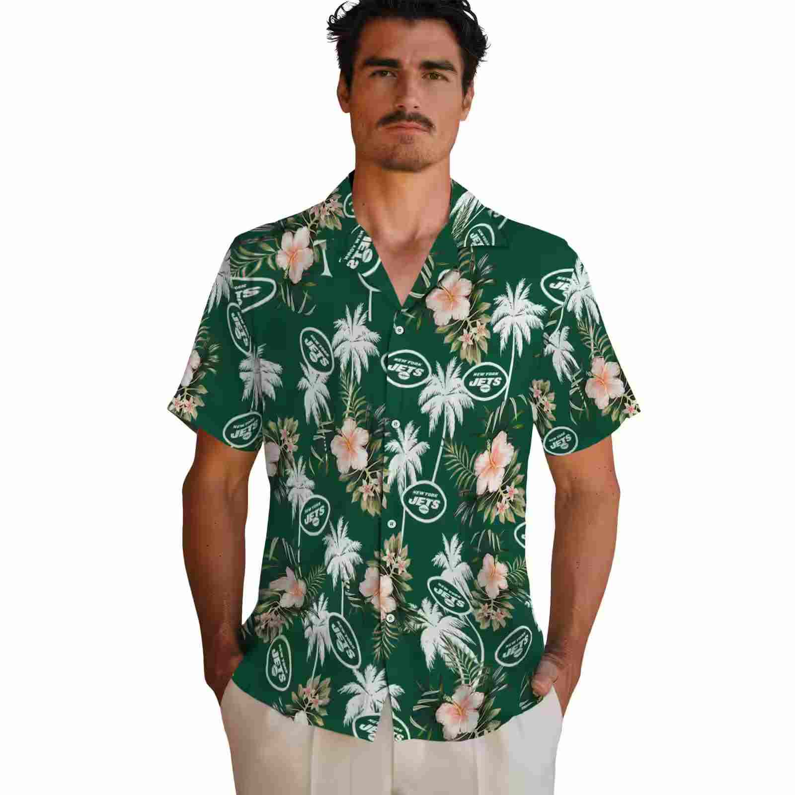 new york jets palm tree flower green hawaiian shirt fashion forward