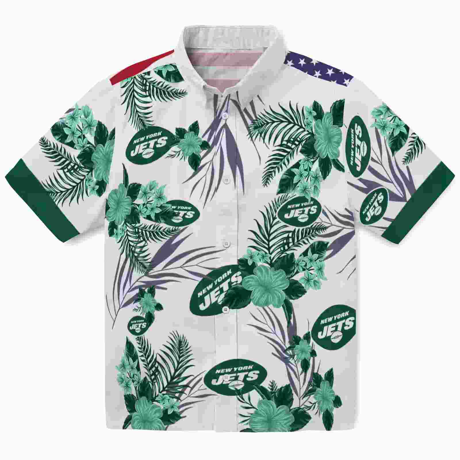 New York Jets Patriotic Hibiscus Design Green White Hawaiian Shirt