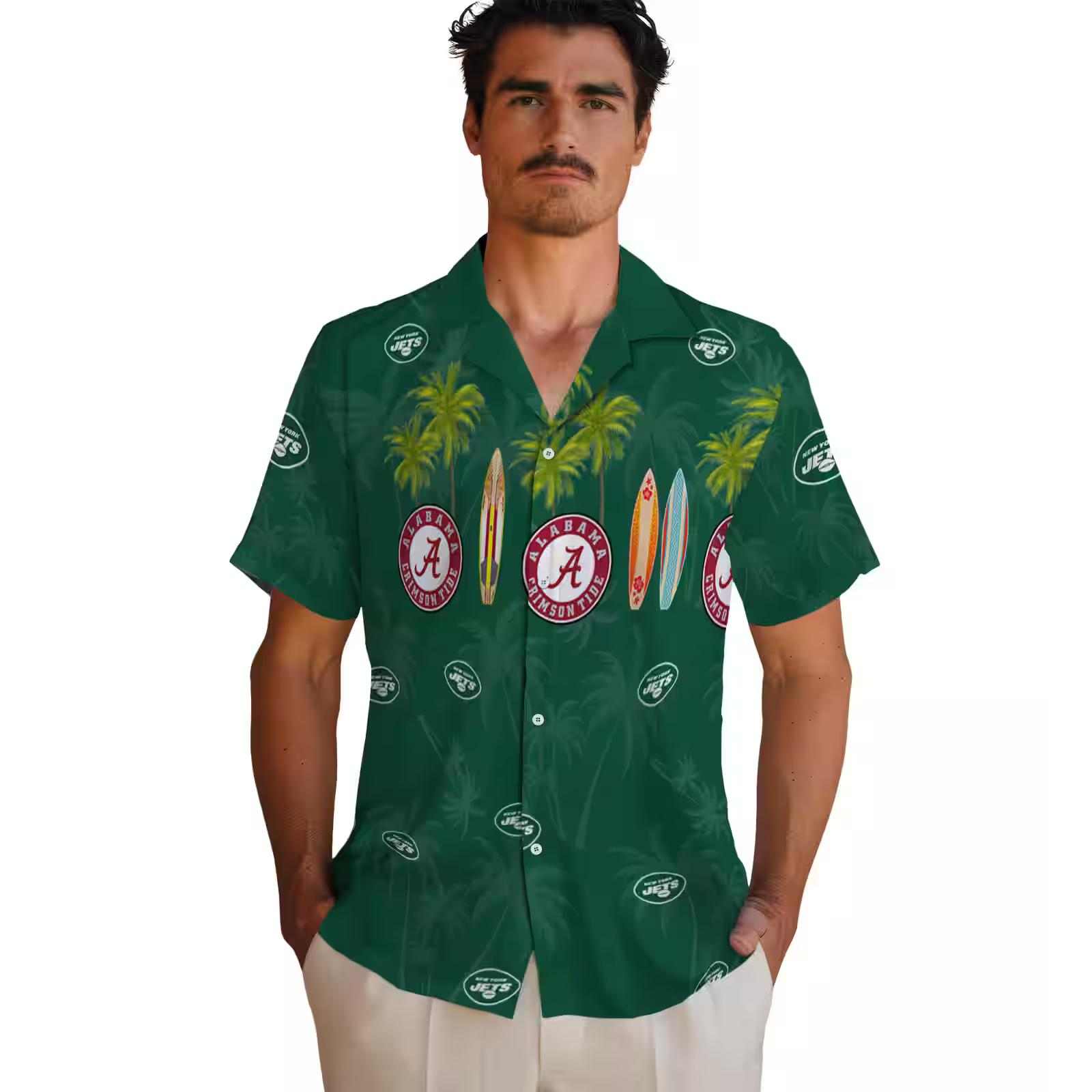 new york jets surfboard palm green hawaiian shirt fashion forward