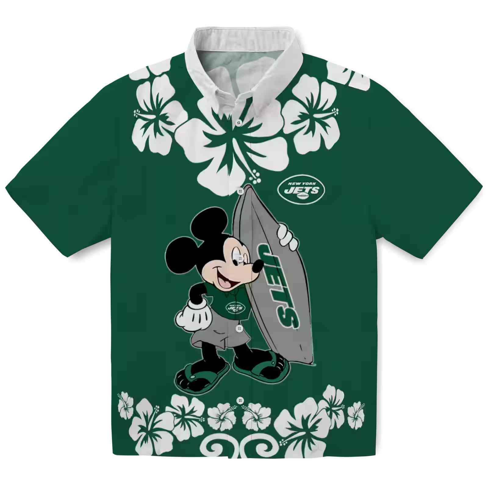 New York Jets Surfing Mickey Green Hawaiian Shirt