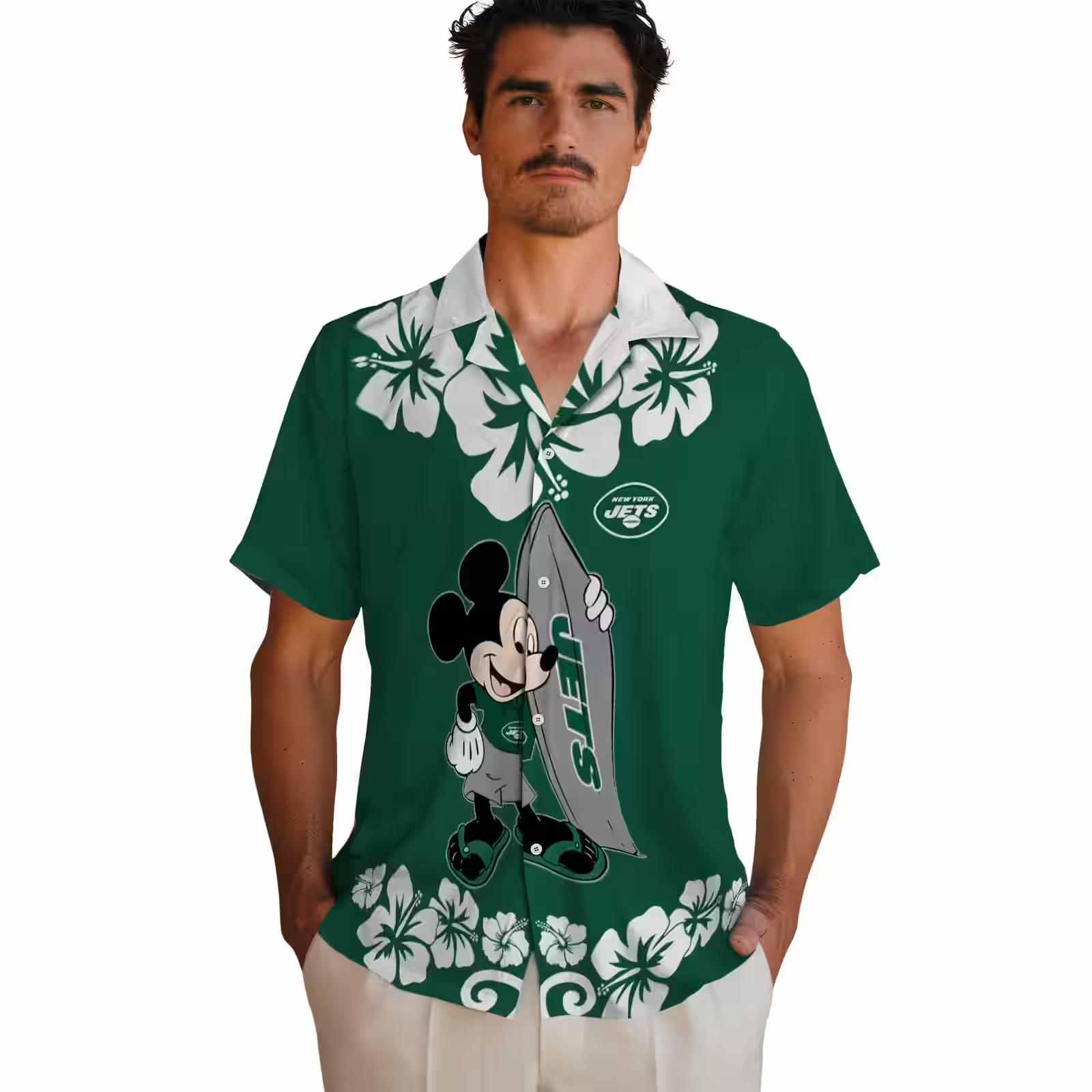 new york jets surfing mickey green hawaiian shirt fashion forward