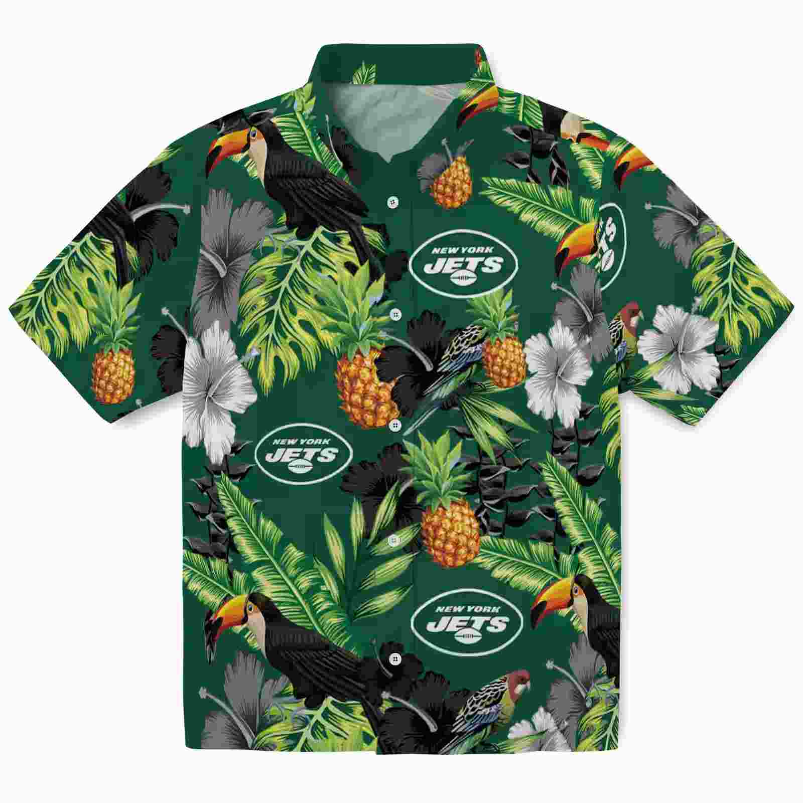 New York Jets Toucan Hibiscus Pineapple Green Hawaiian Shirt