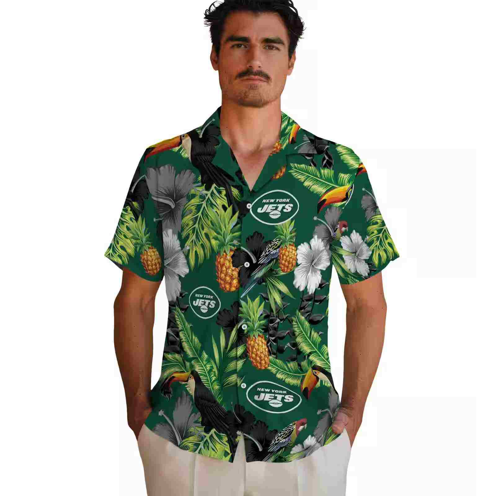 new york jets toucan hibiscus pineapple green hawaiian shirt fashion forward