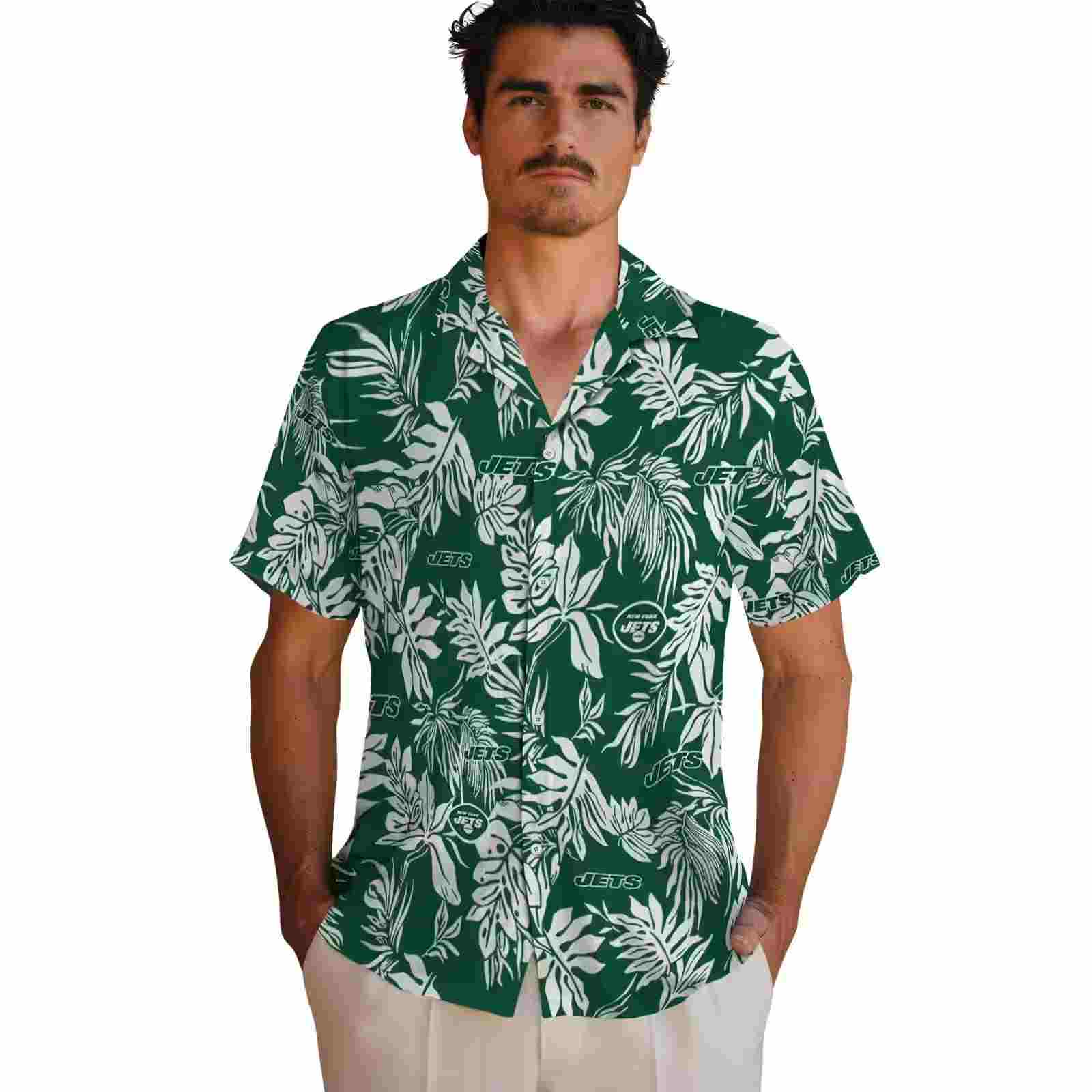 new york jets tropical leaf green white hawaiian shirt fashion forward