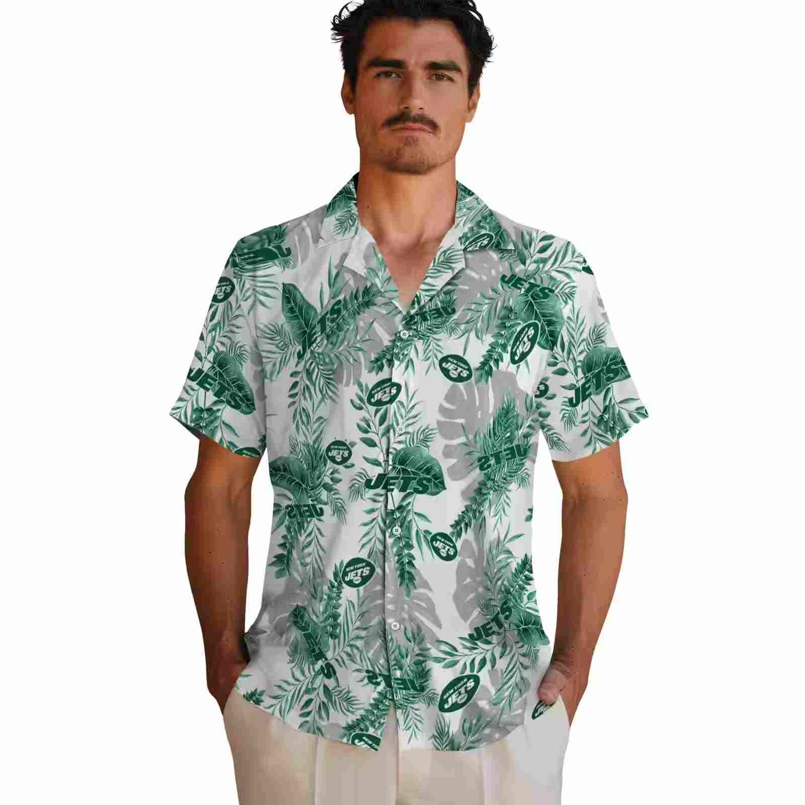 new york jets tropical leaves green white hawaiian shirt fashion forward