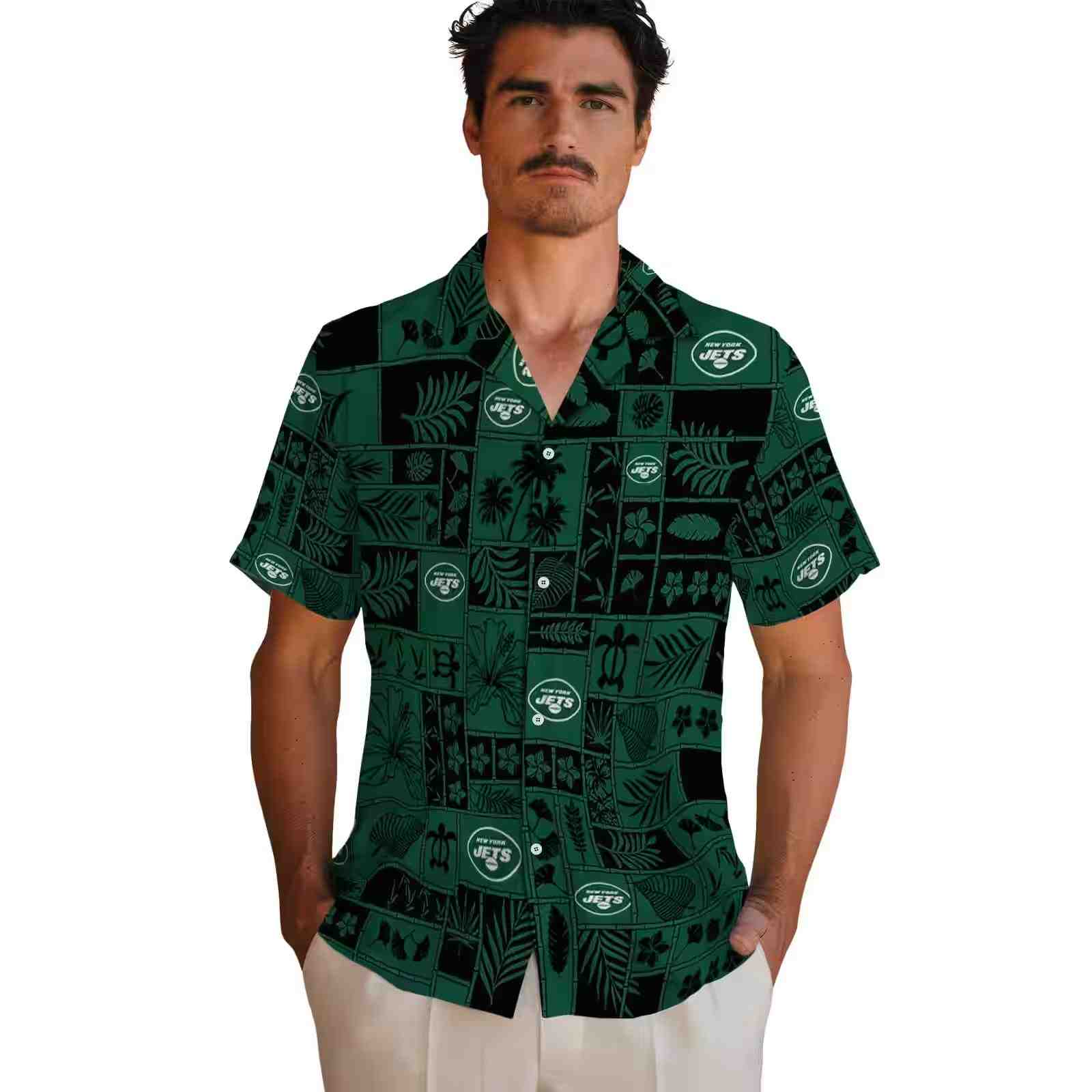 new york jets tropical patchwork green black hawaiian shirt fashion forward