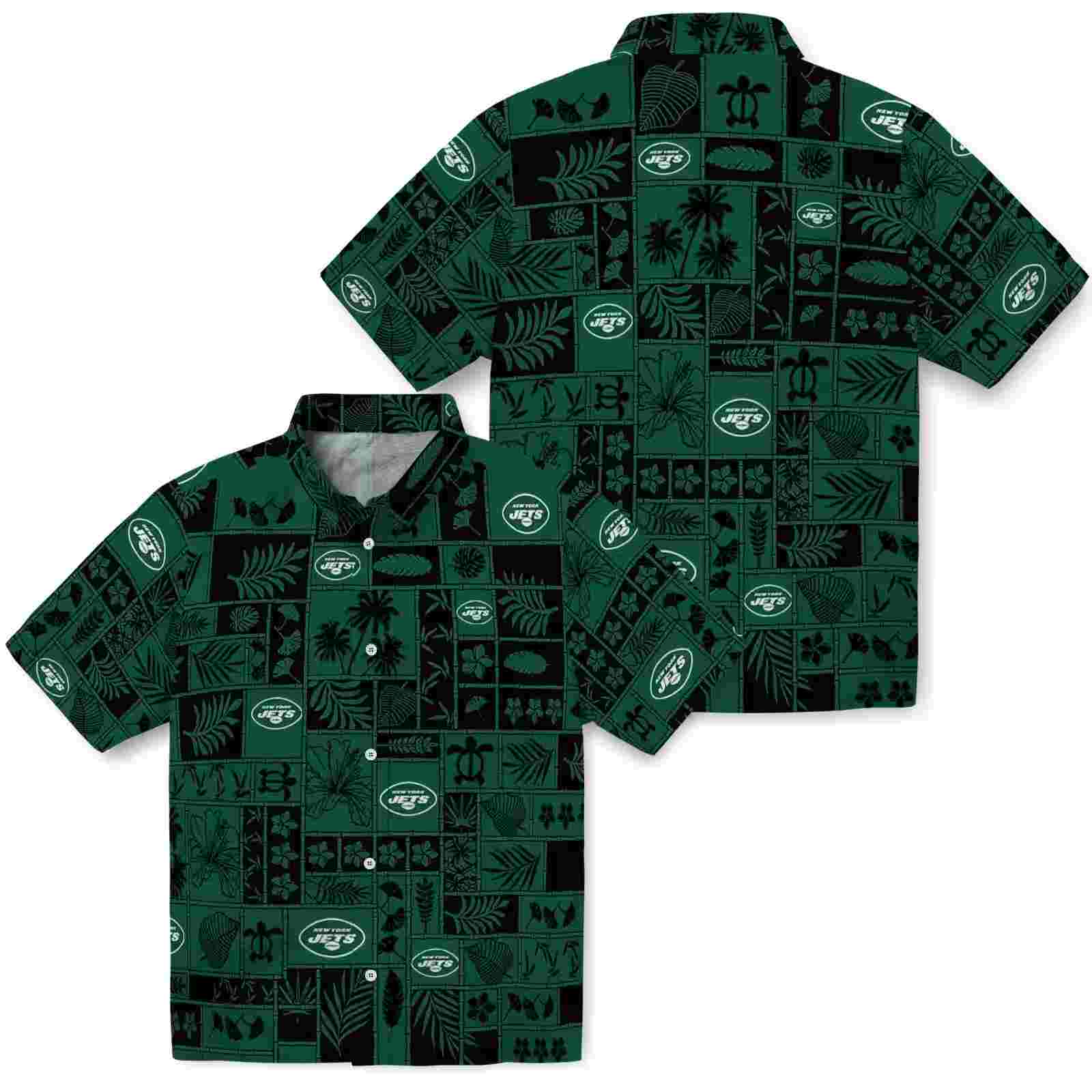 new york jets tropical patchwork green black hawaiian shirt high quality