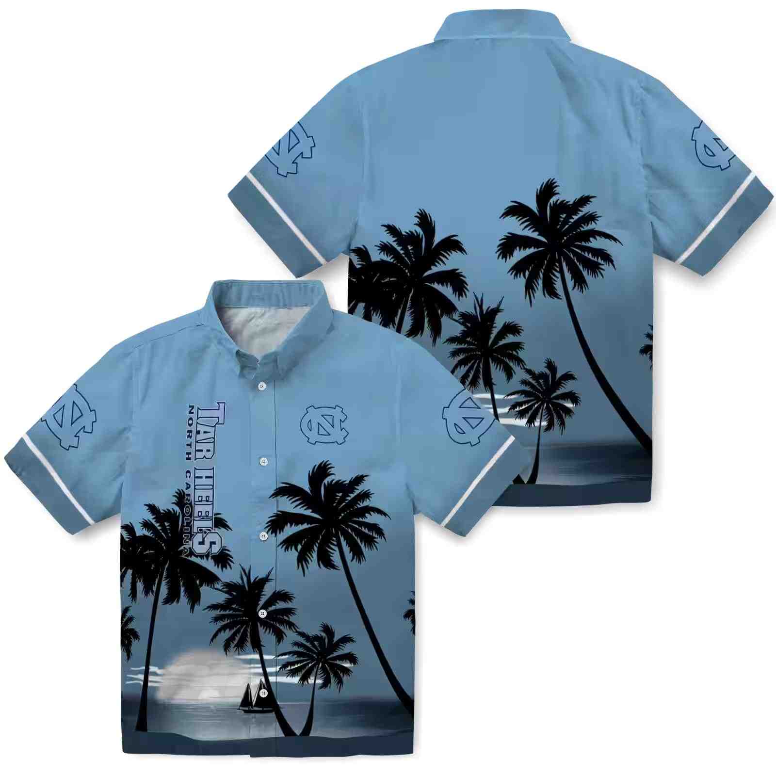 north carolina tar heels beach sunset light blue black hawaiian shirt high quality