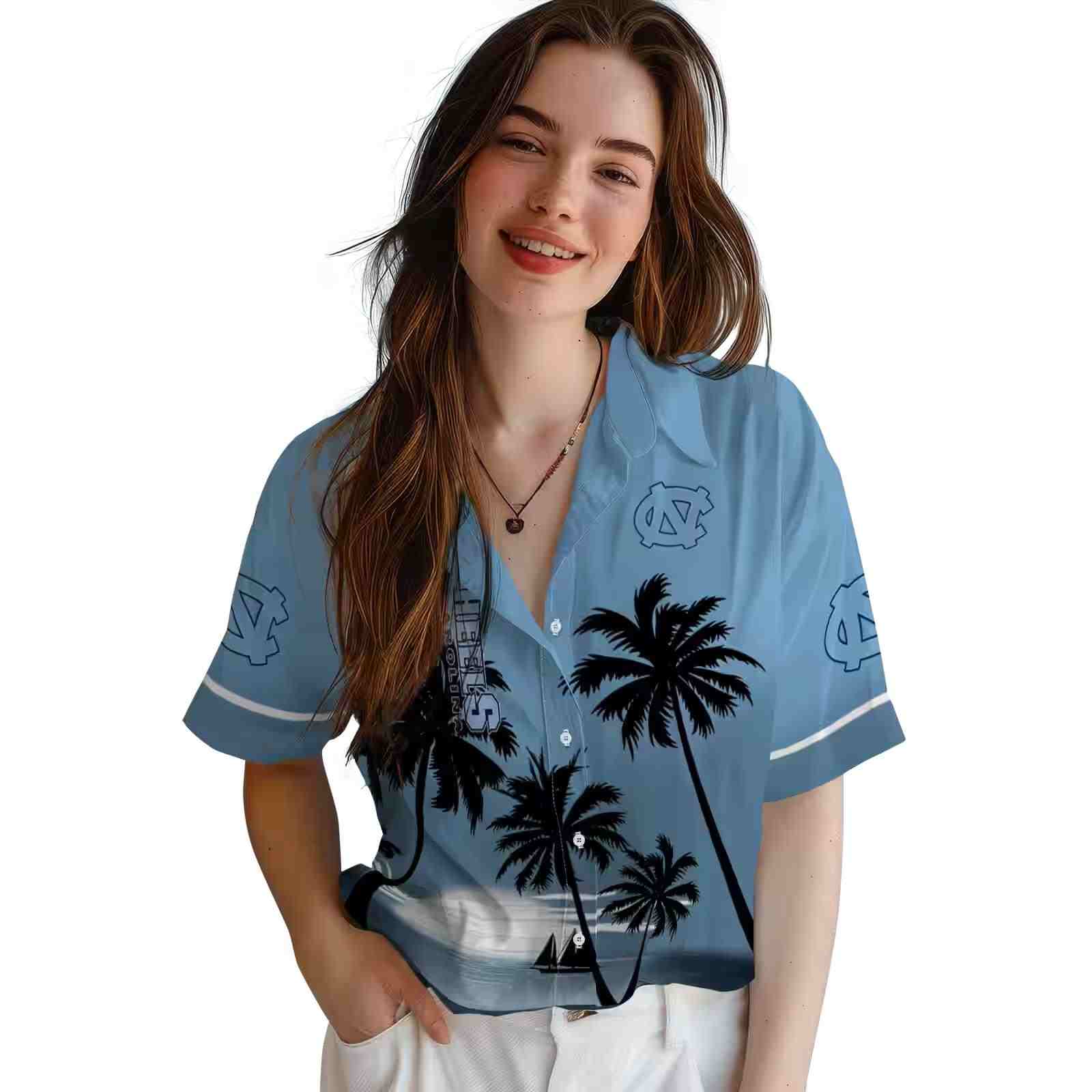 north carolina tar heels beach sunset light blue black hawaiian shirt latest model