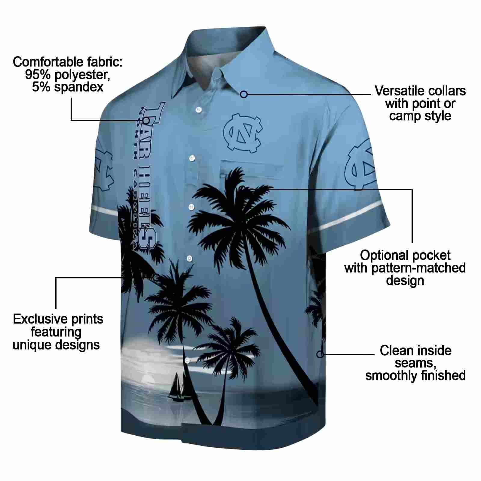 north carolina tar heels beach sunset light blue black hawaiian shirt new arrival