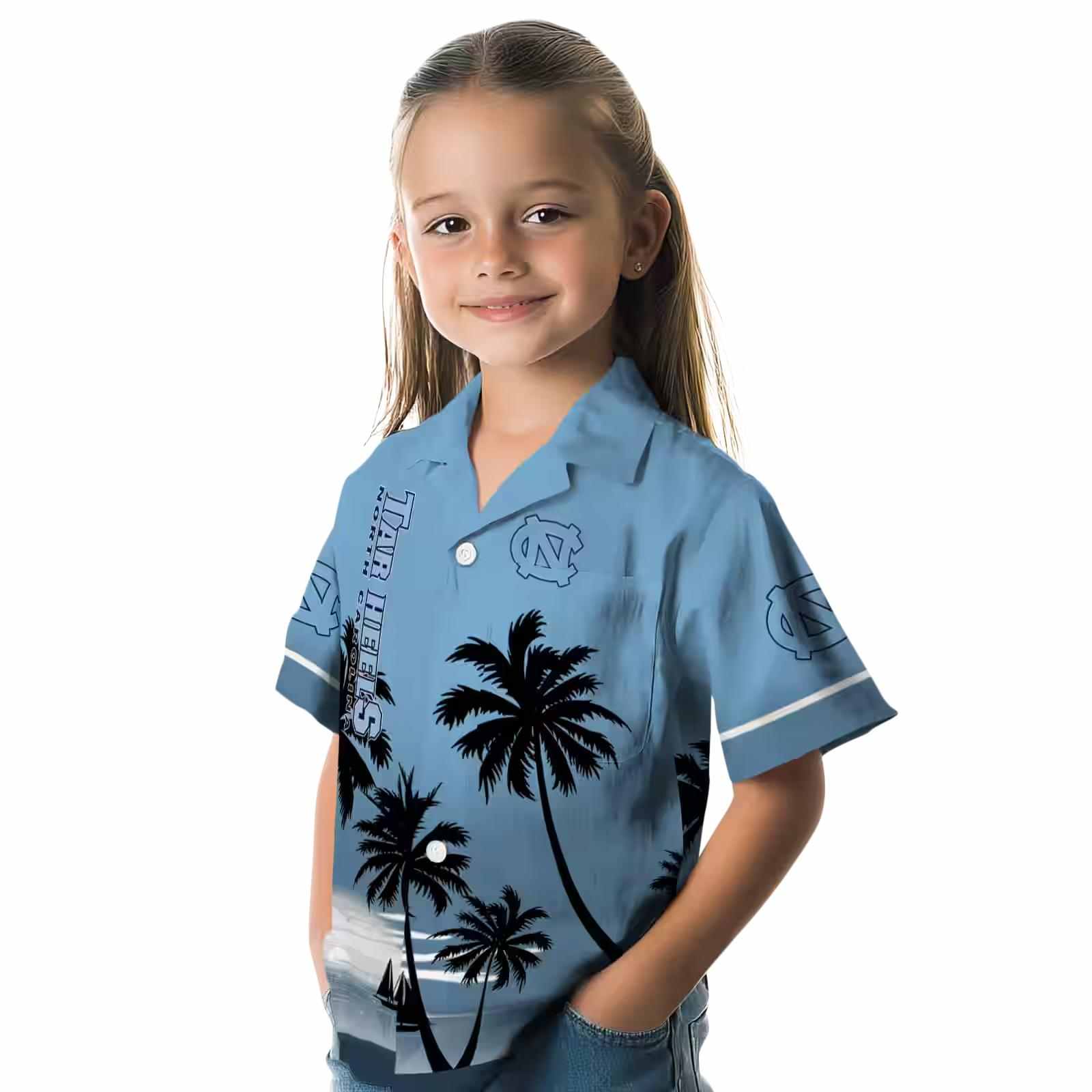 north carolina tar heels beach sunset light blue black hawaiian shirt premium grade