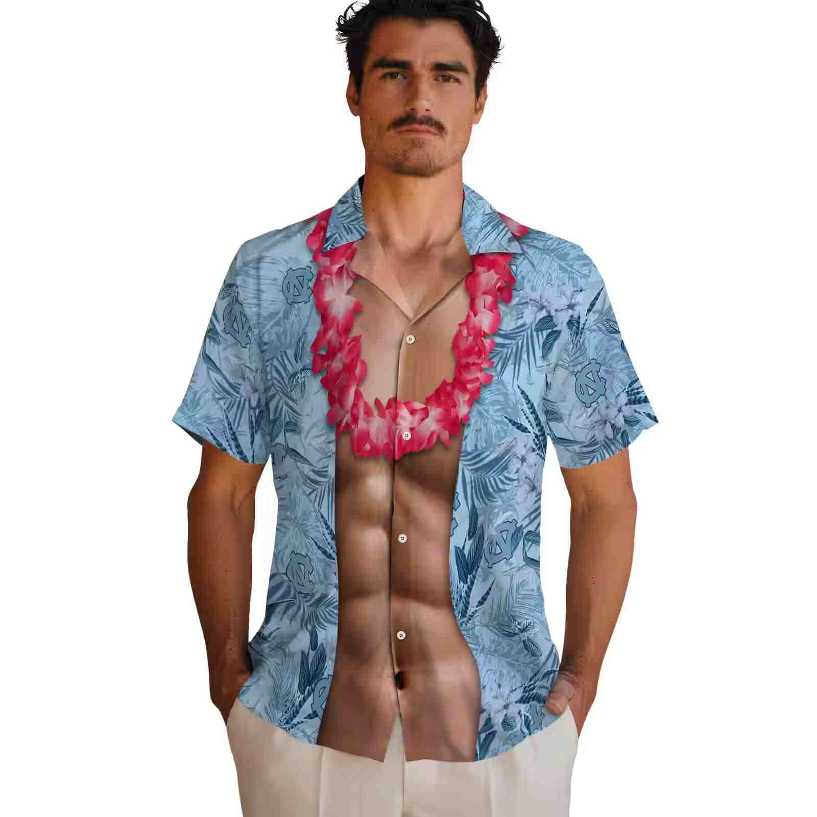 north carolina tar heels chest illusion light blue hawaiian shirt fashion forward