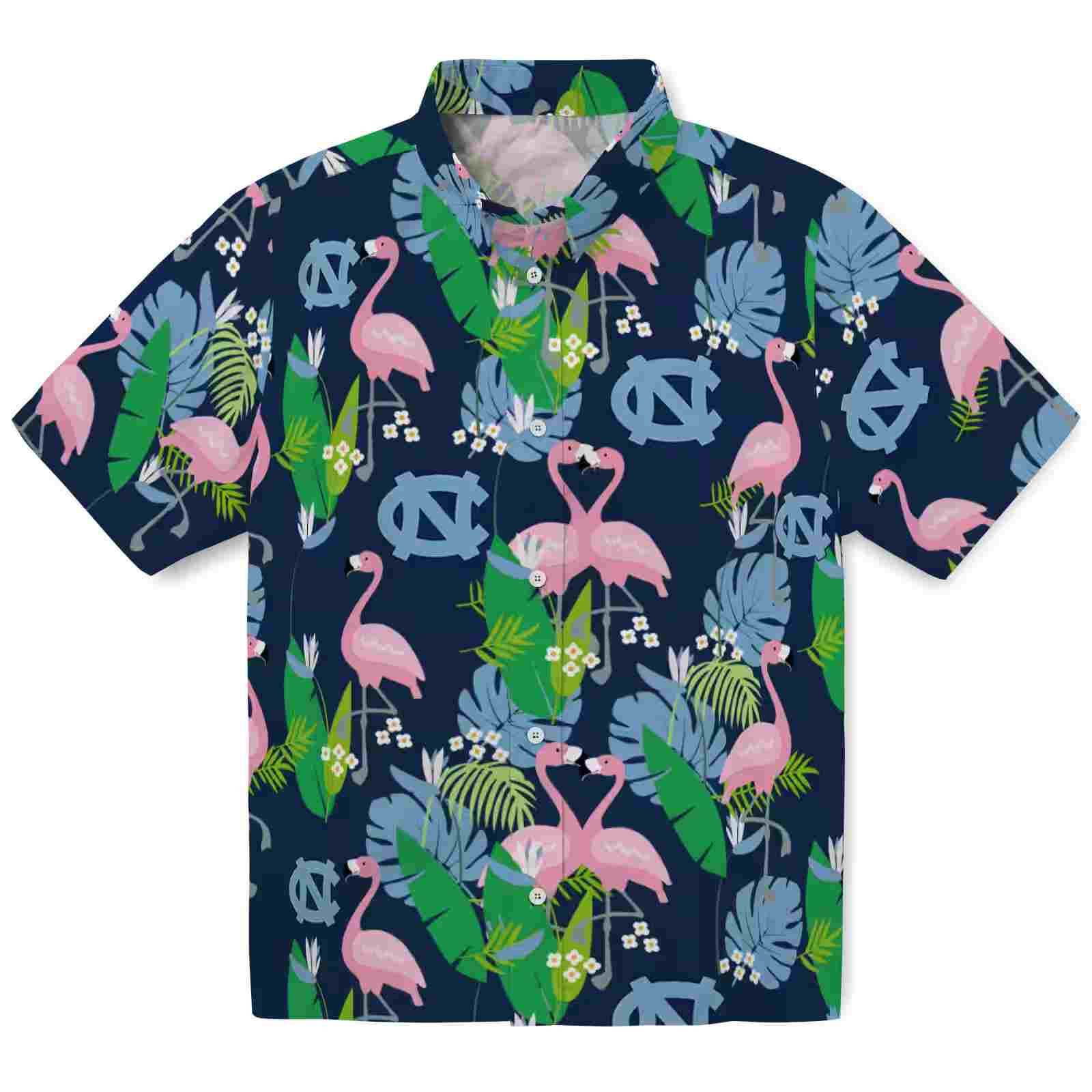 North Carolina Tar Heels Flamingo Foliage Light Blue Green Hawaiian Shirt