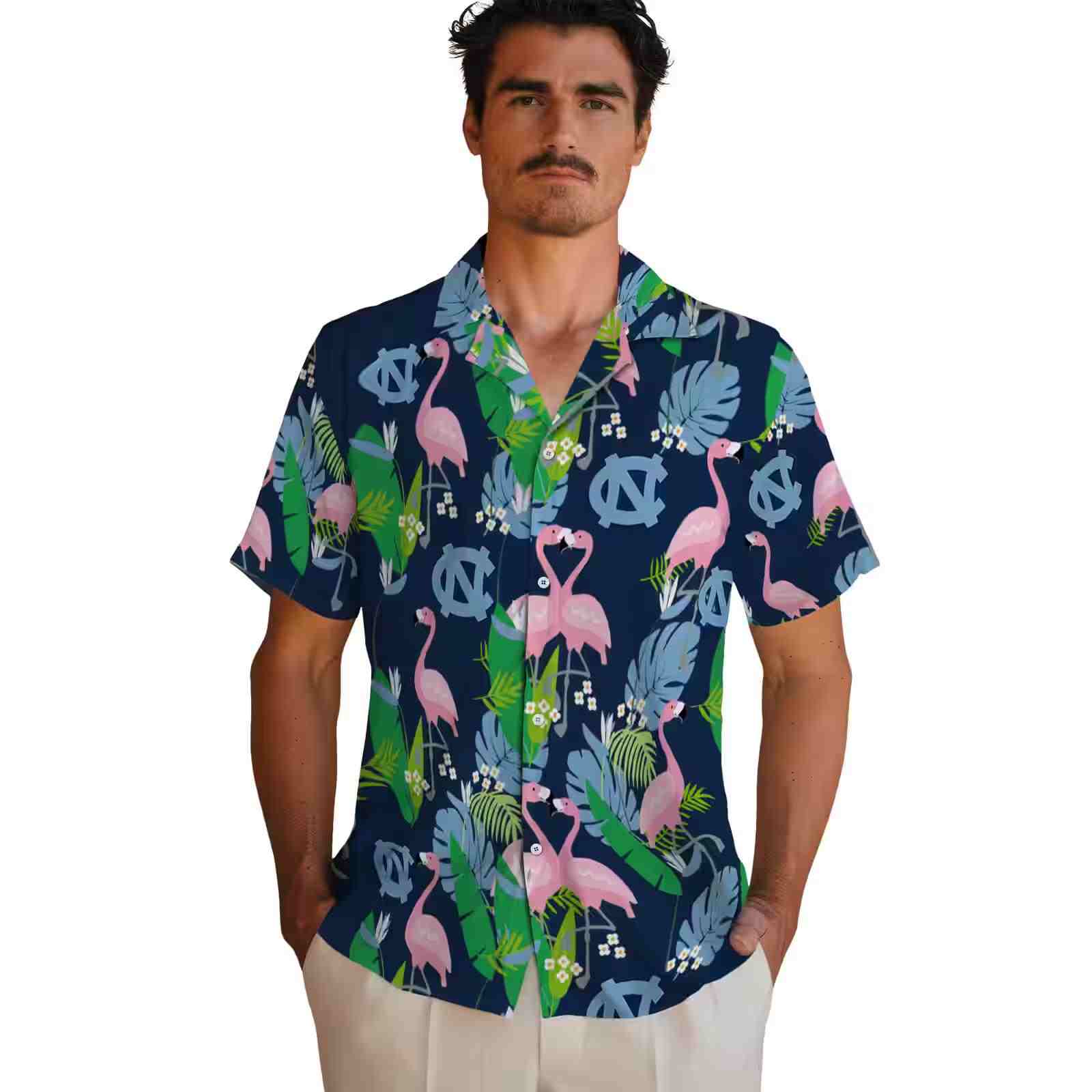 north carolina tar heels flamingo foliage light blue green hawaiian shirt fashion forward