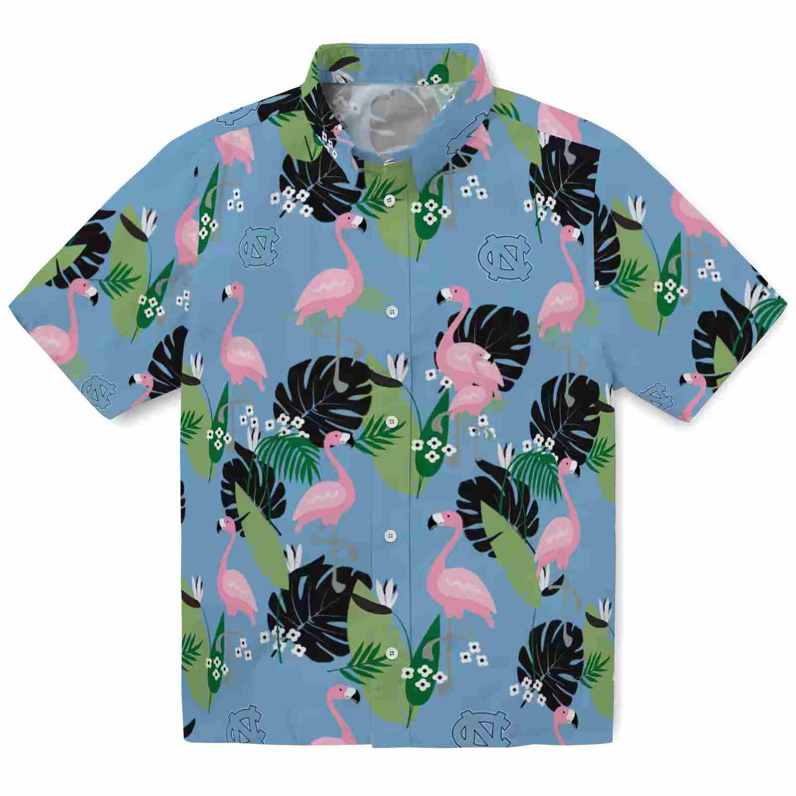 North Carolina Tar Heels Flamingo Leaf Motif Light Blue Hawaiian Shirt