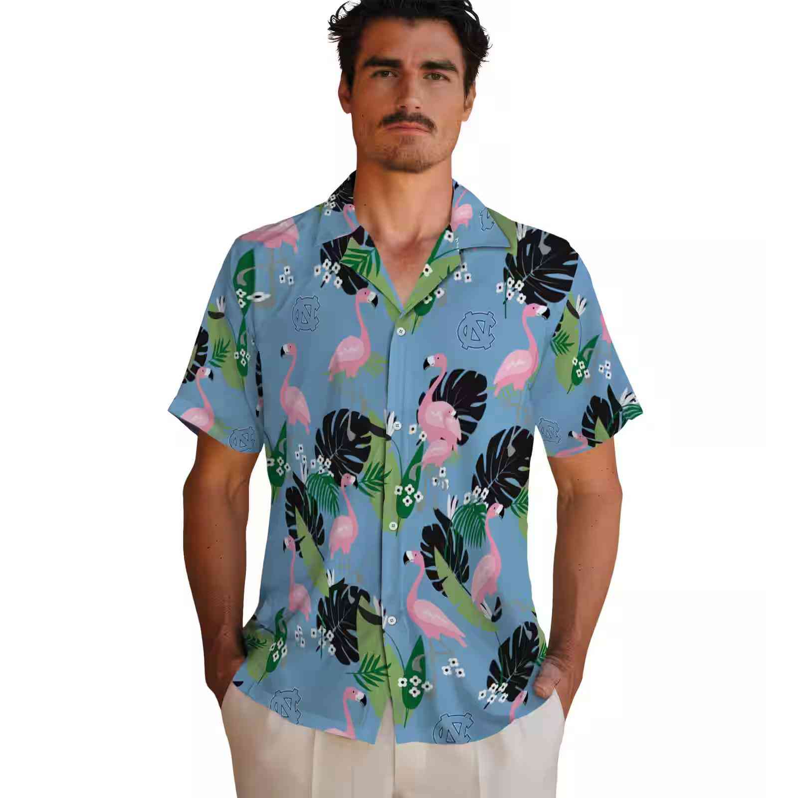 north carolina tar heels flamingo leaf motif light blue hawaiian shirt fashion forward